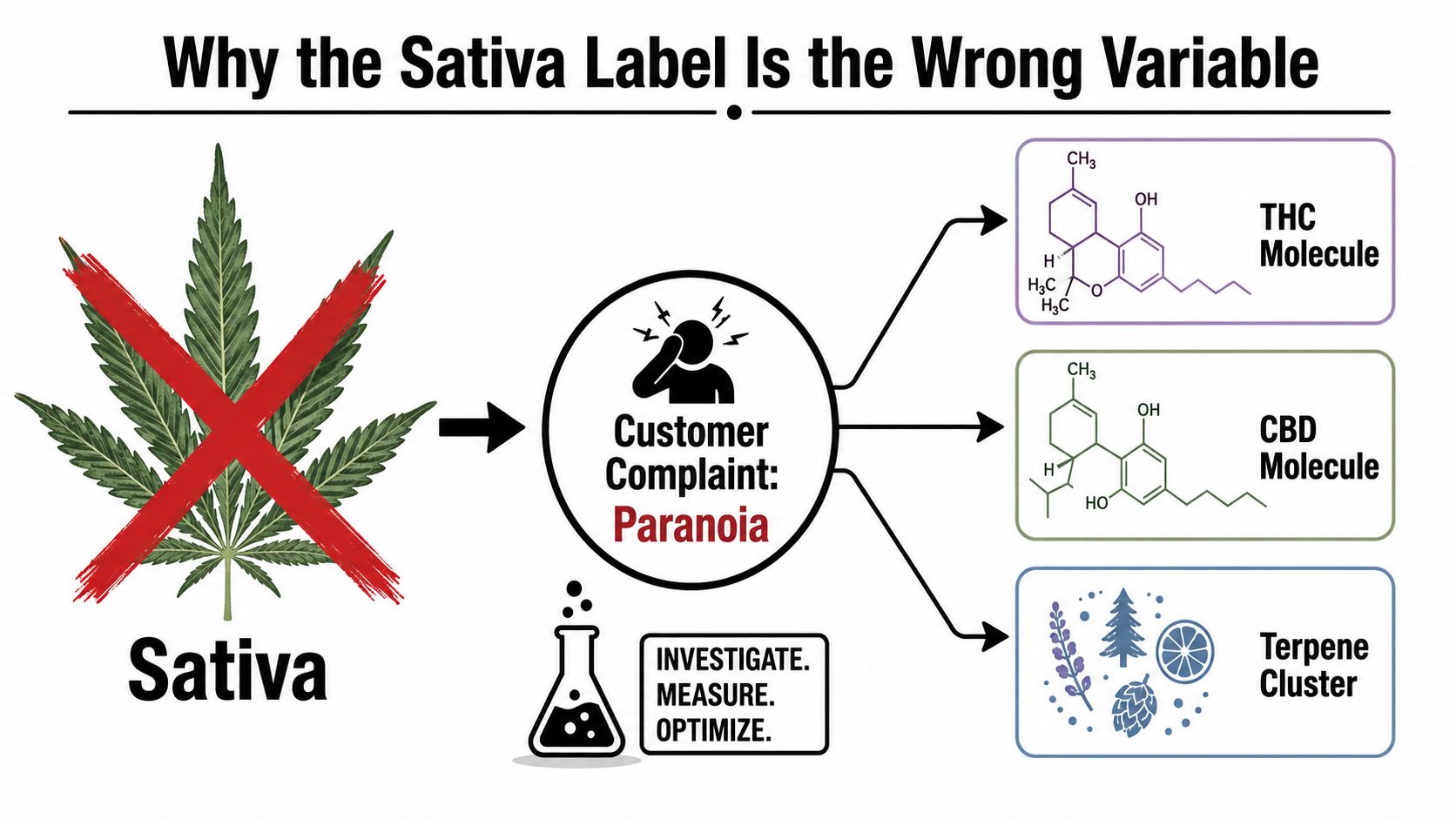 A diagram explaining that chemical profiles like THC, CBD, and terpenes are better variables than Sativa labels.