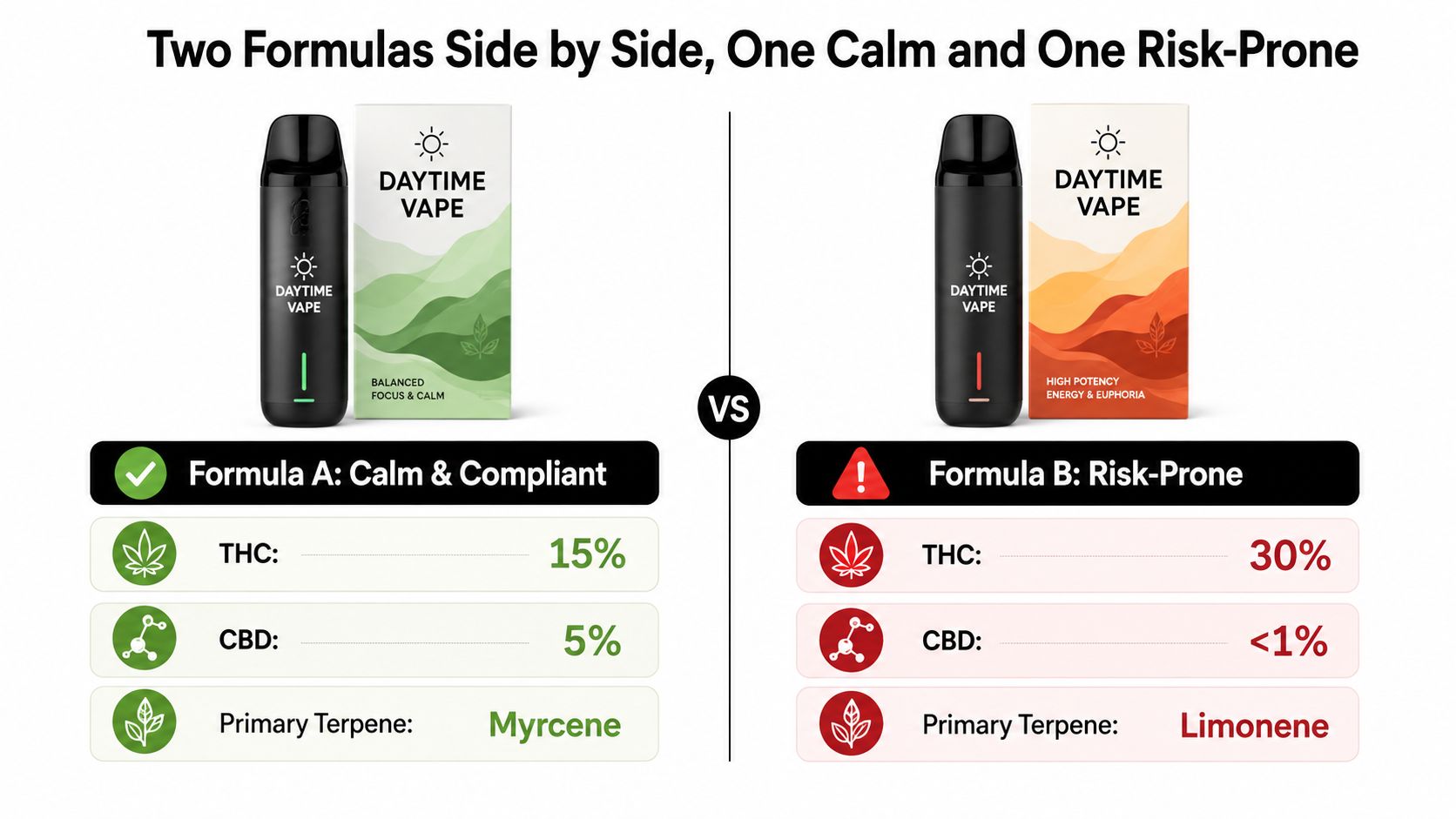 A comparison between a balanced vape formula with lower THC and a high potency risk-prone vape formula.