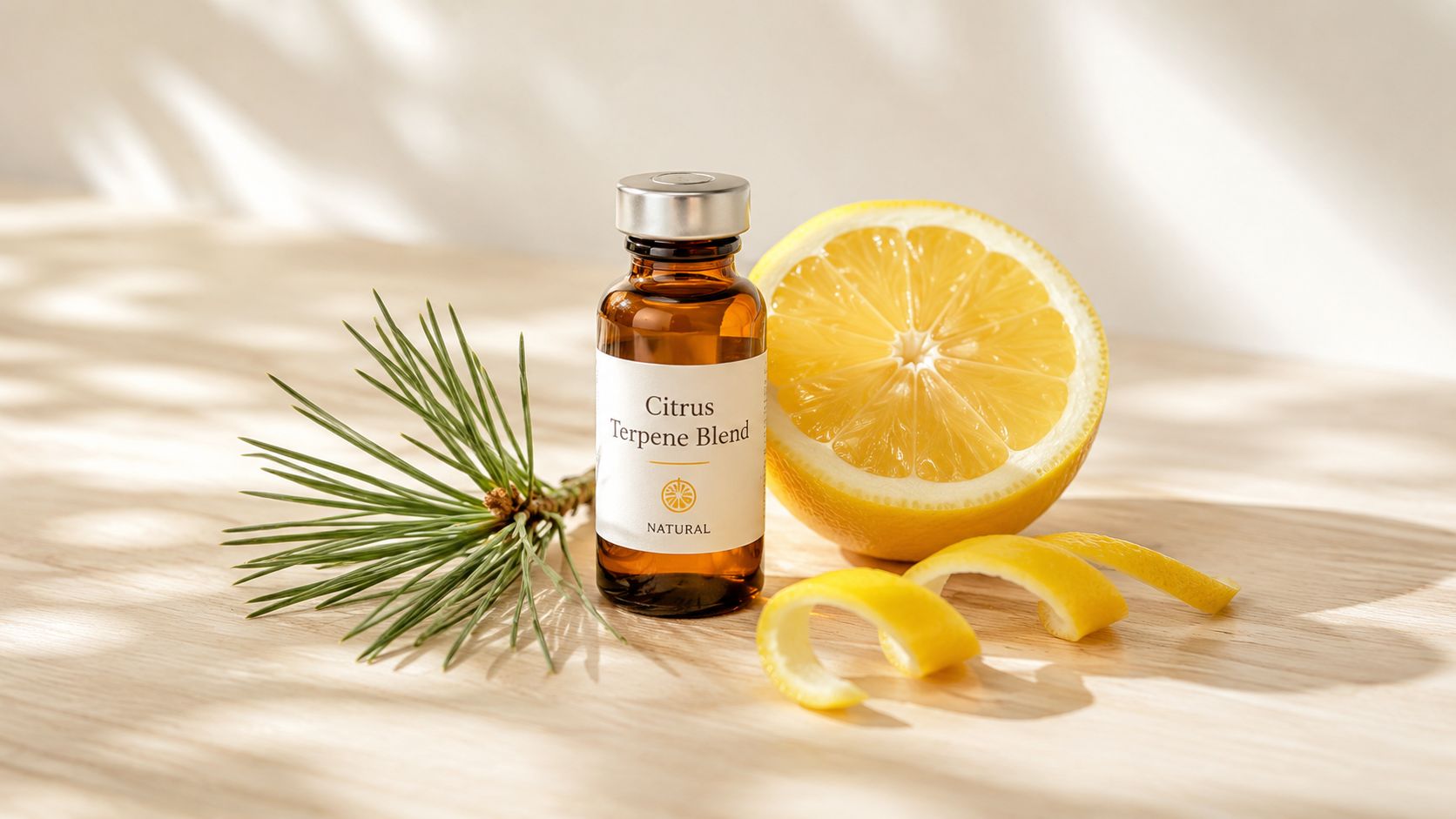 A glass bottle labeled Citrus Terpene Blend rests on a wooden surface with a lemon slice.
