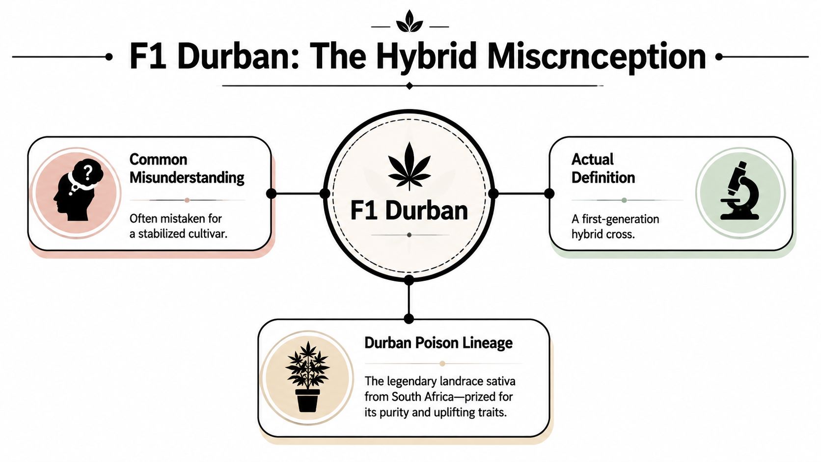 An infographic explaining that F1 Durban is a first-generation hybrid cross, not a stabilized cultivar.