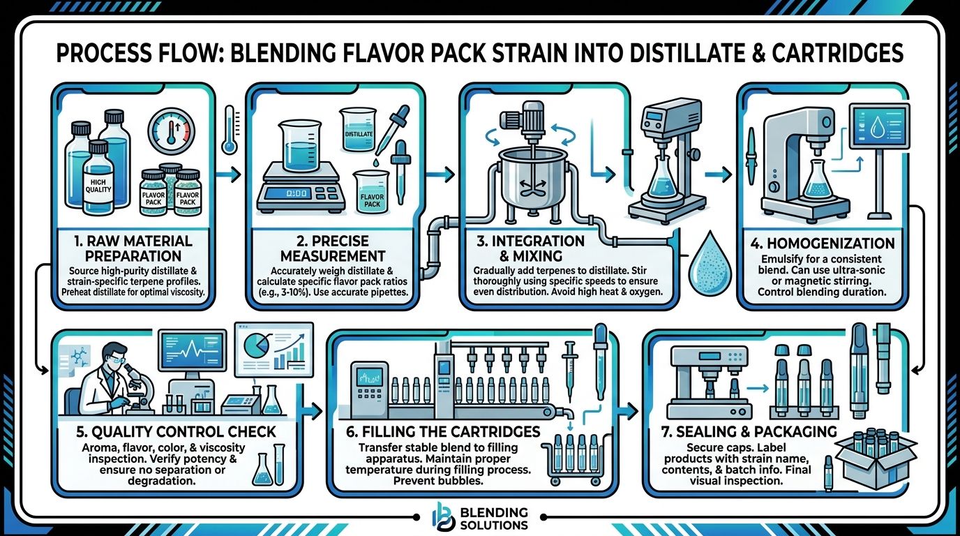 An illustrated step-by-step infographic showing the professional process of blending flavor pack strains into cannabis distillate cartridges.