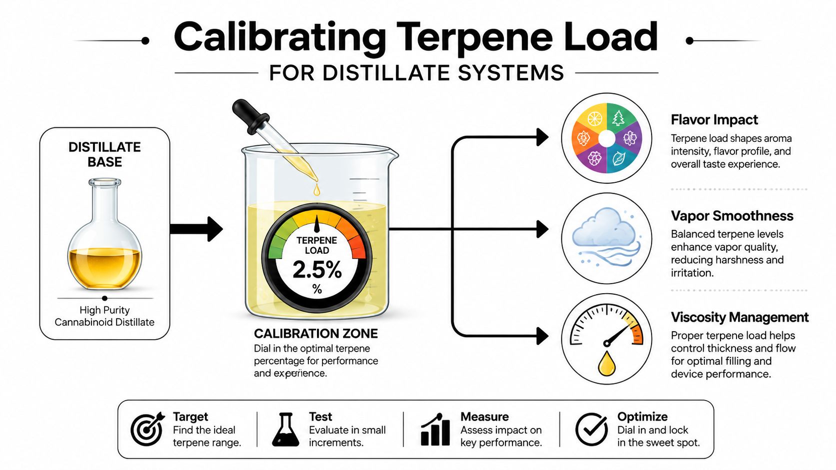 A process flow chart illustrating the calibration of terpene load in cannabis distillate systems for optimal performance.