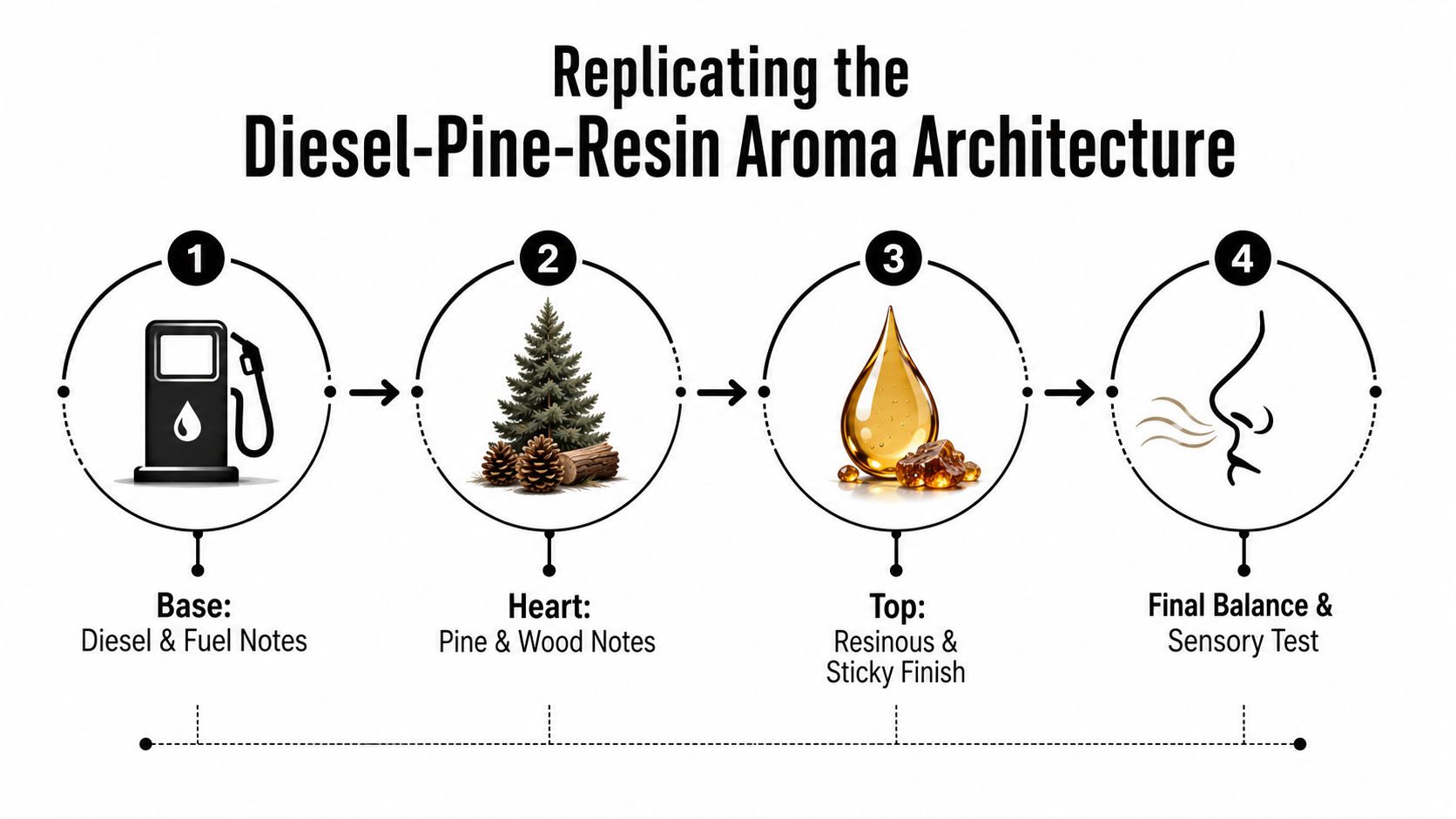 A four-step infographic illustrating the process of replicating a complex diesel, pine, and resin aroma profile.