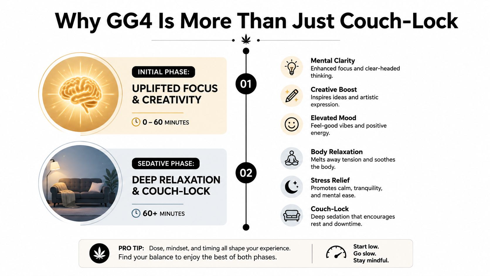 A diagram illustrating the two phases of GG4 strain effects: initial uplifted focus followed by sedative deep relaxation.