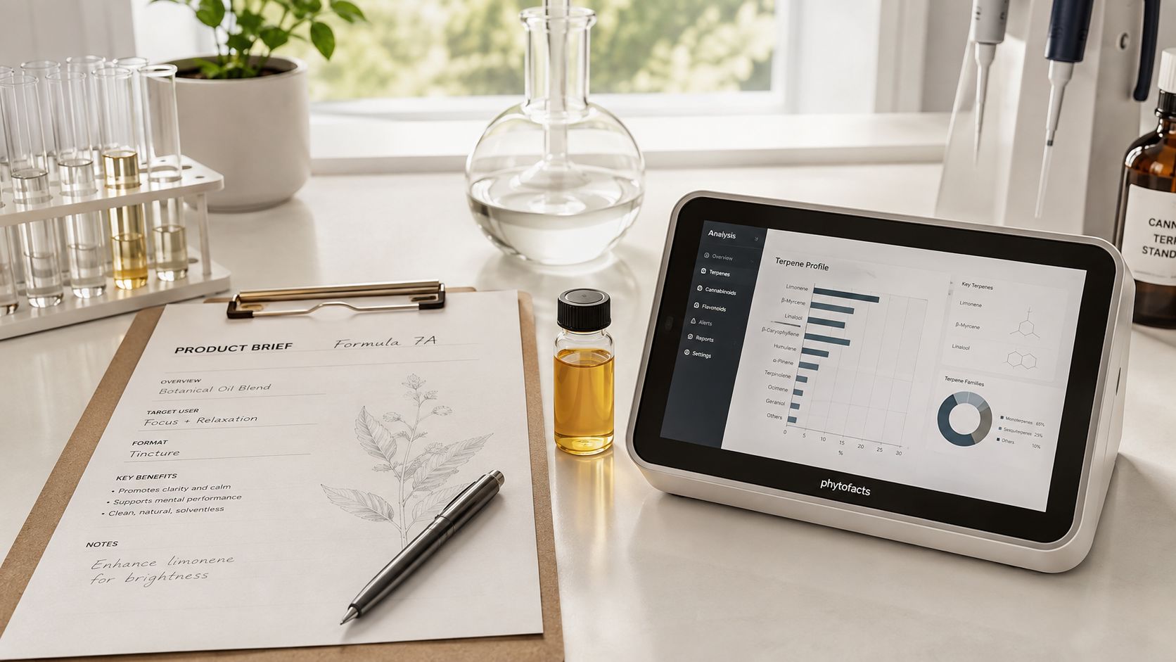 Scientific laboratory equipment with a tablet displaying terpene analysis and a product brief for botanical oil blend.