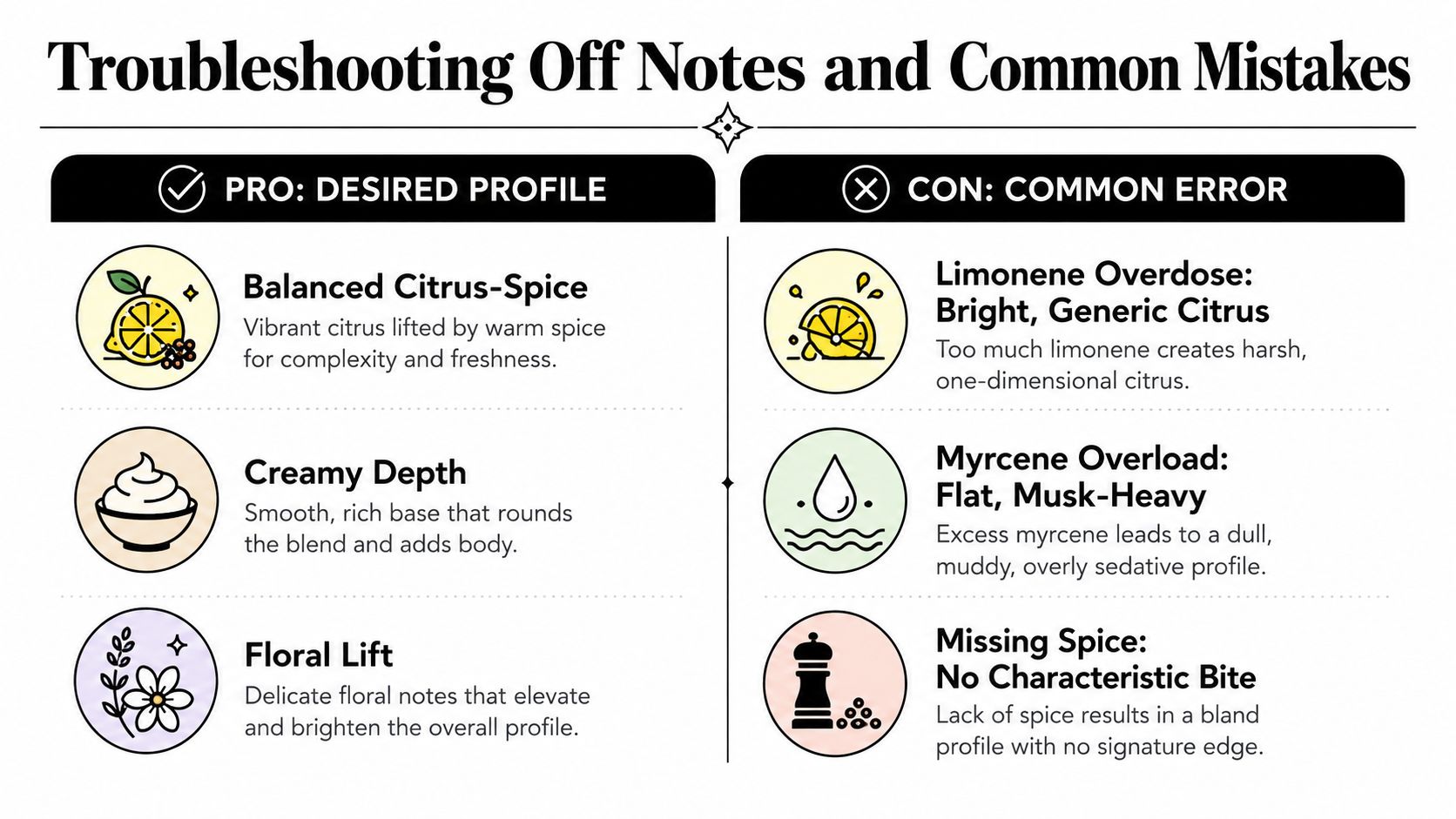 A troubleshooting guide comparing balanced terpene flavor profiles versus common aromatic mistakes in cannabis blend creation.