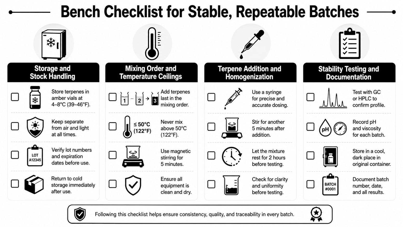 A detailed bench checklist providing guidelines for stable and repeatable batch production processes for terpenes and extracts.