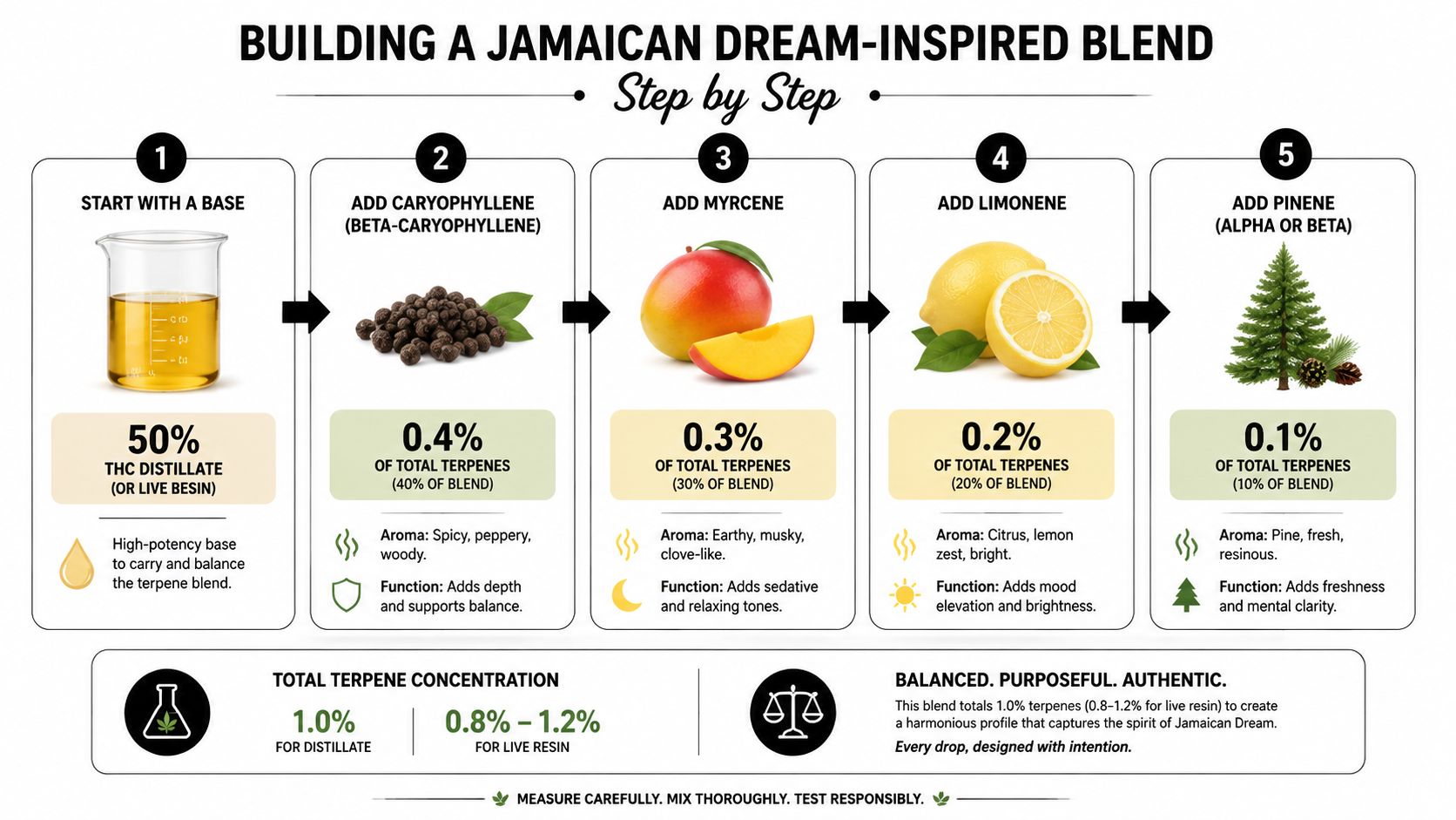 A step-by-step infographic showing how to create a Jamaican Dream-inspired cannabis terpene blend.