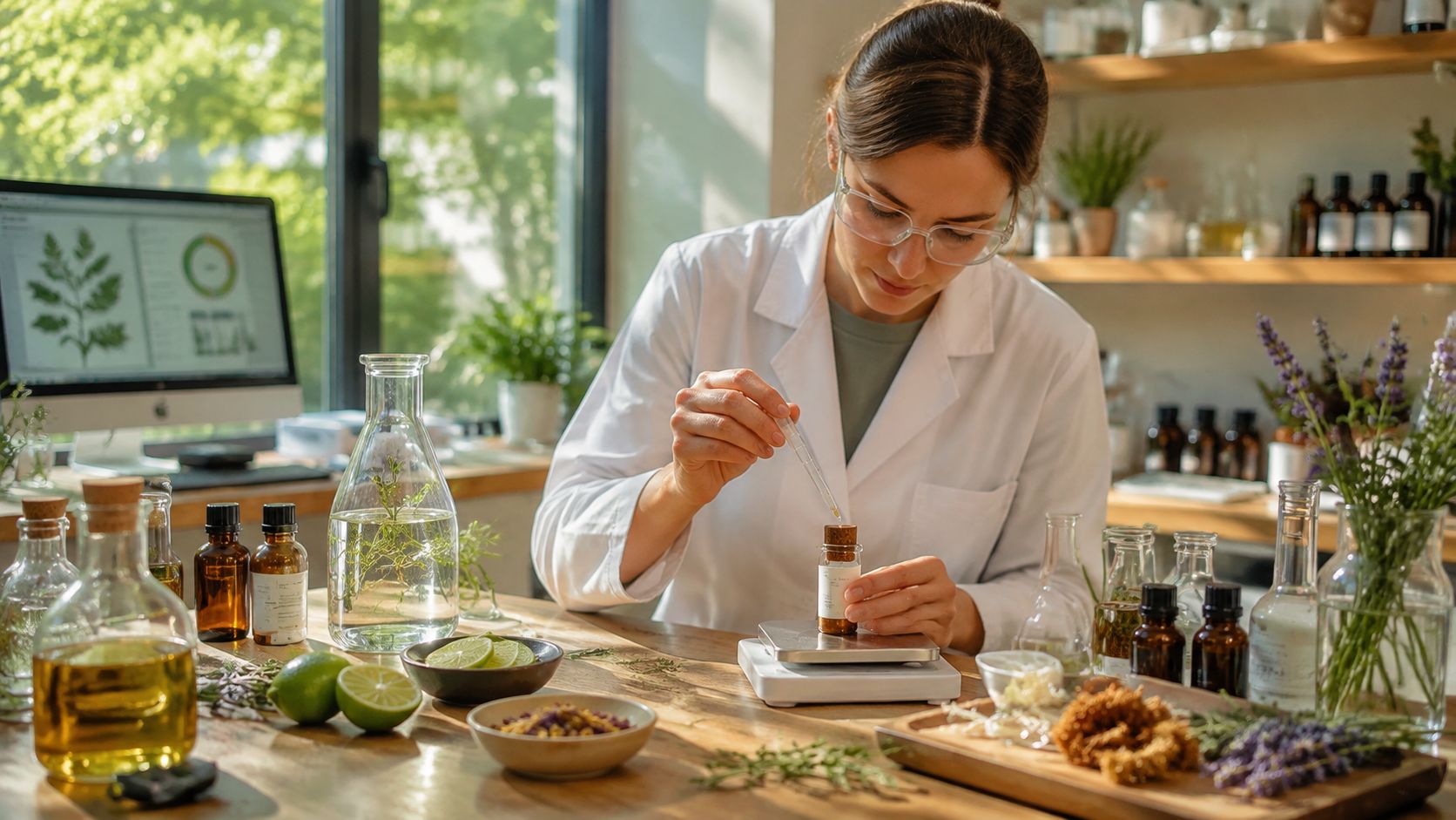A scientist in a lab coat precisely measures botanical extracts with a dropper for product development.