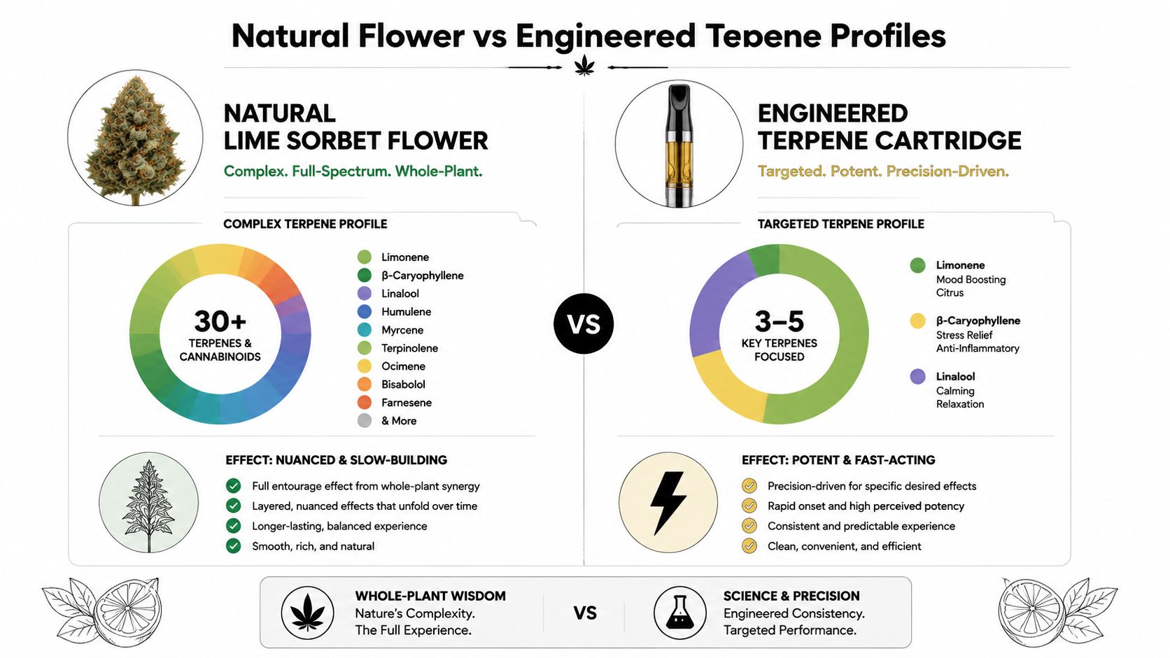 A comparison infographic between natural Lime Sorbet flower and an engineered terpene cartridge showing their differences.