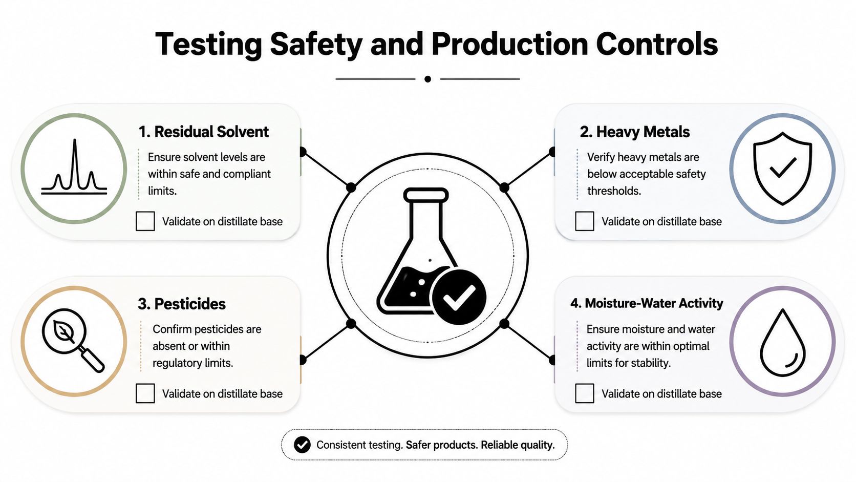 A diagram outlining four essential safety and production quality control tests for cannabis distillate processing.