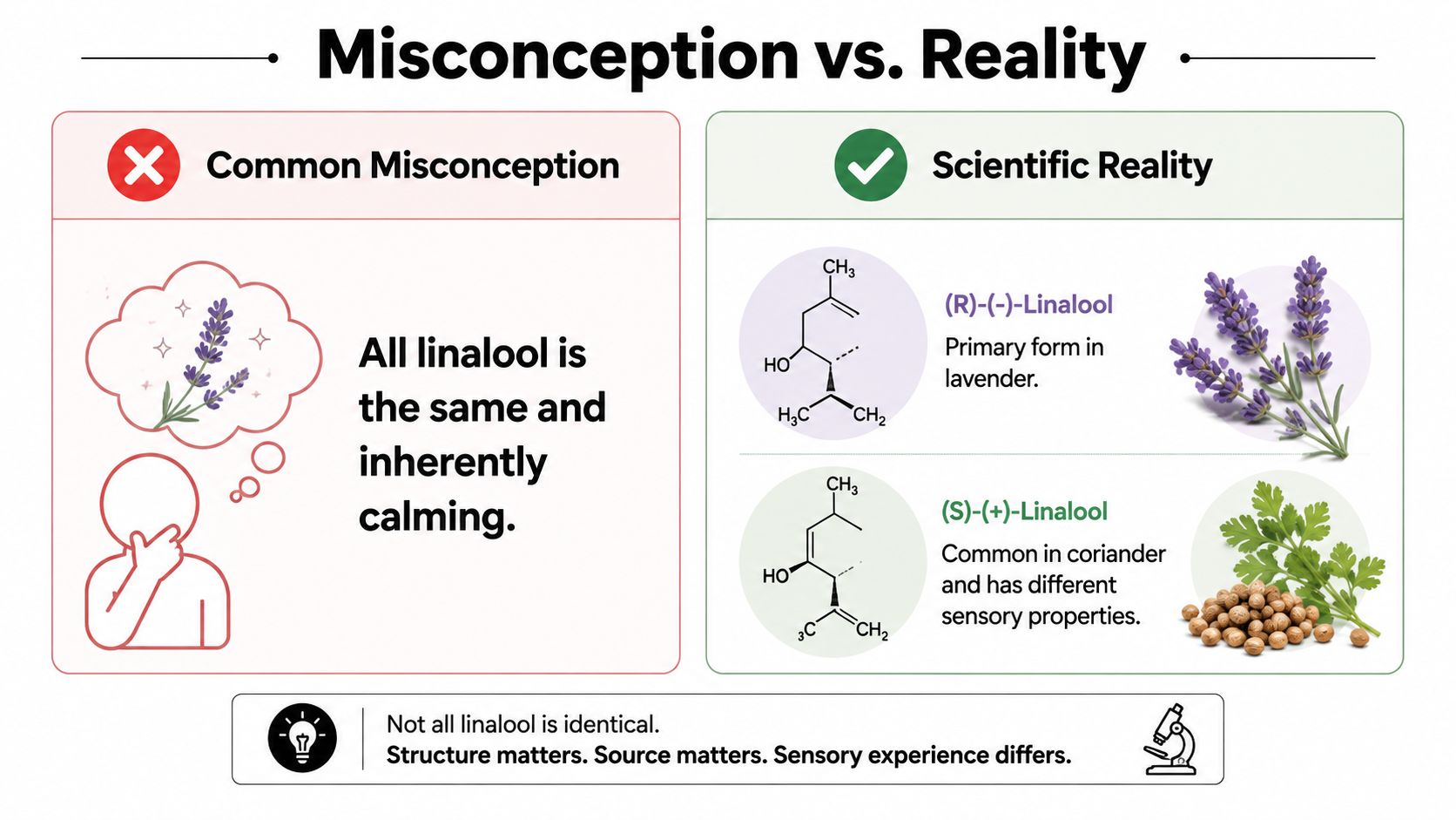 A diagram comparing the misconception that all linalool is calming with the scientific reality of its isomers.