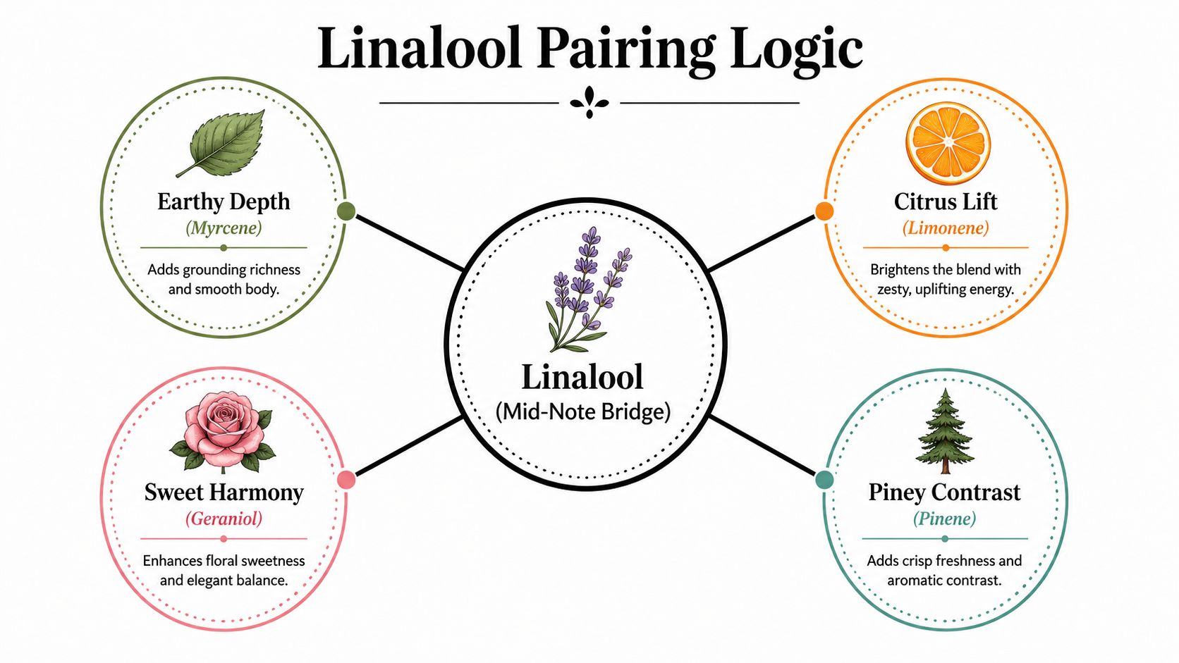 An educational infographic showing the terpene Linalool at the center, linked to four distinct pairing profiles.