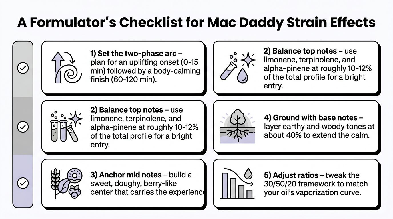 A five-step checklist for formulating Mac Daddy strain effects, outlining terpene profiles and vaporization balancing techniques.