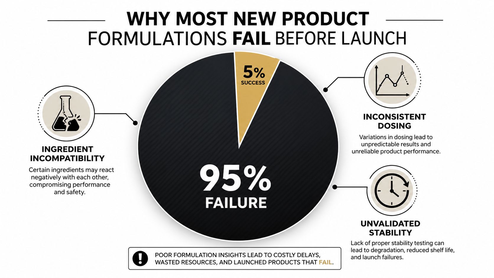 A pie chart infographic showing that 95 percent of new product formulations fail due to specific challenges.