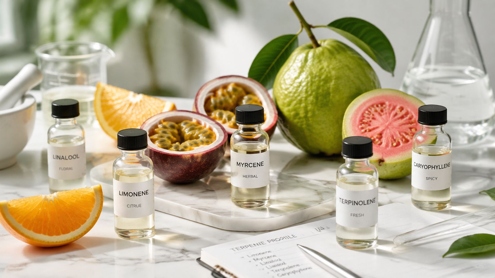 Several glass dropper bottles containing essential oil terpenes arranged with fresh orange, passion fruit, and guava.