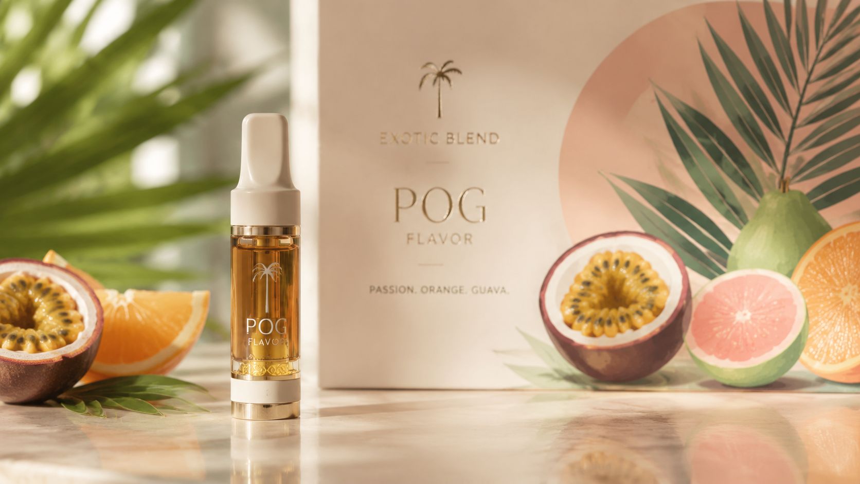 A sleek vape cartridge featuring POG passion orange guava flavor, displayed next to tropical fruit illustrations.