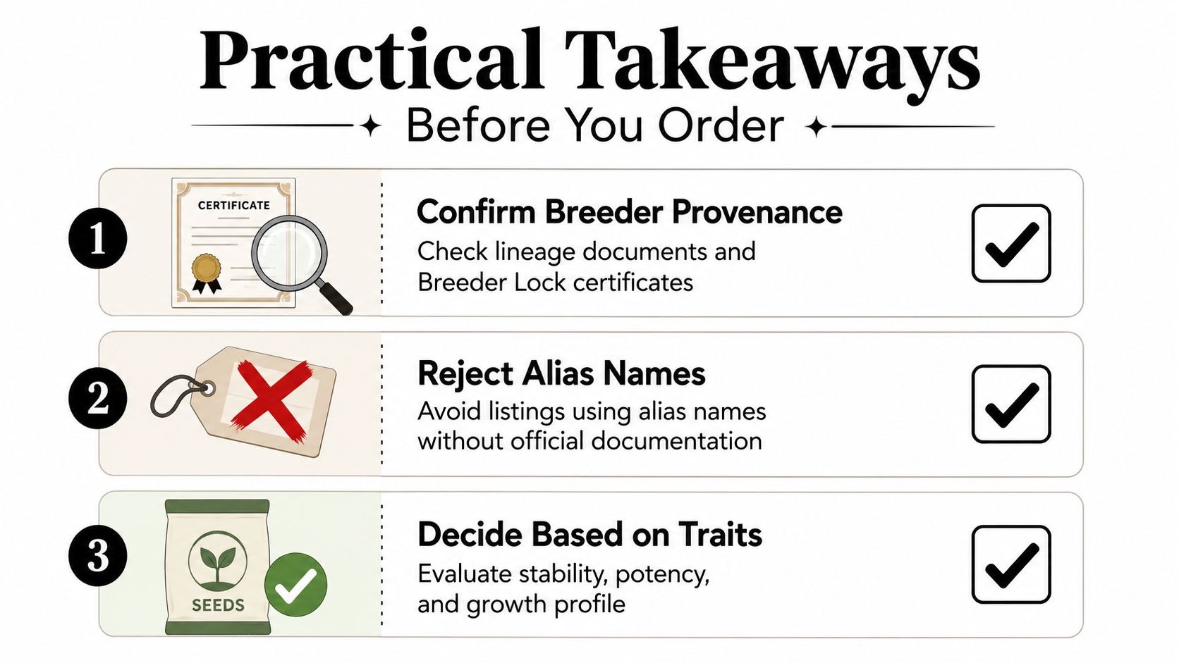 A guide listing three practical steps for safely ordering seeds including confirming provenance, rejecting aliases, and evaluating traits.