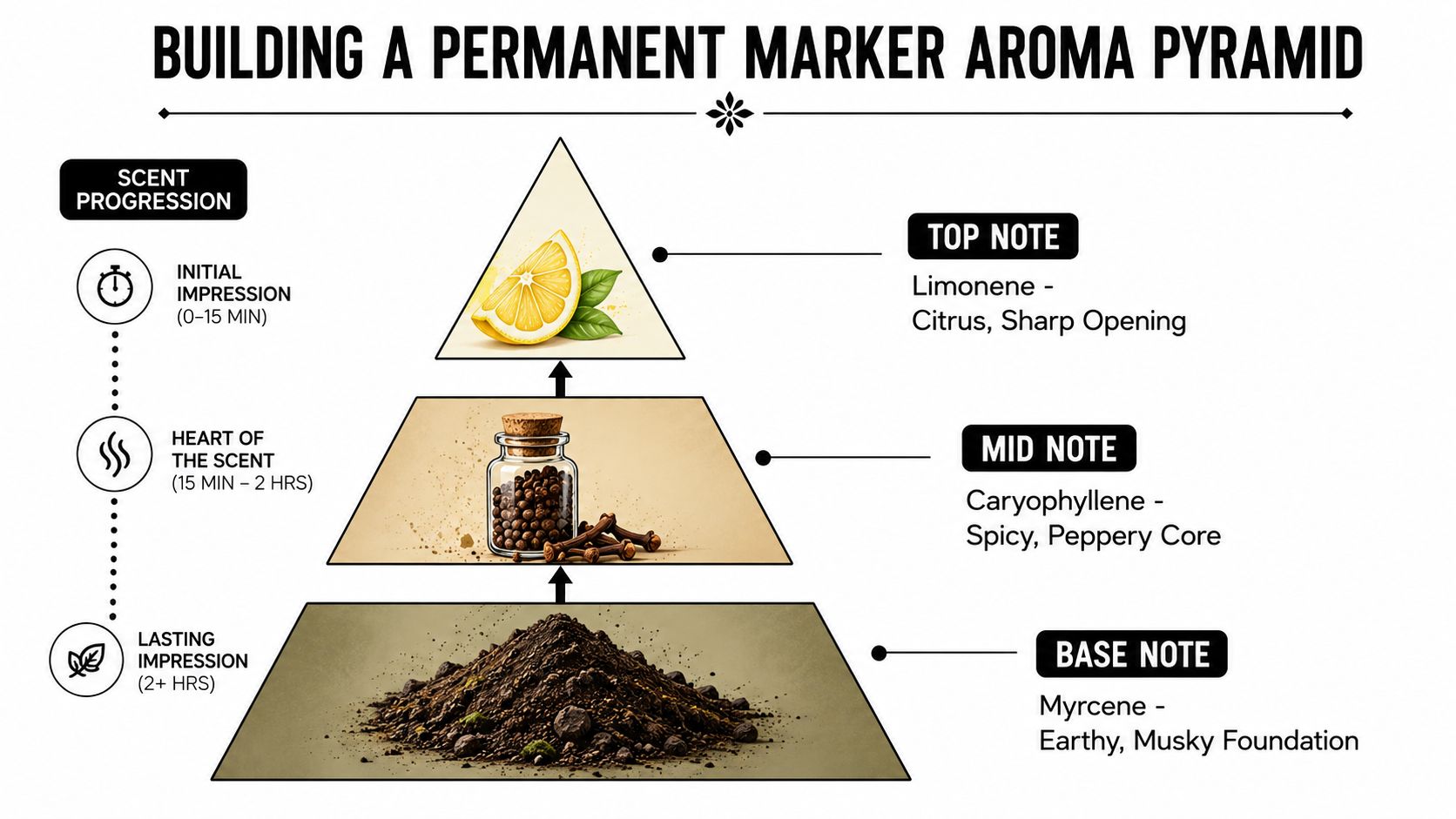 A visual guide illustrating the terpene scent profile pyramid of a permanent marker cannabis strain.