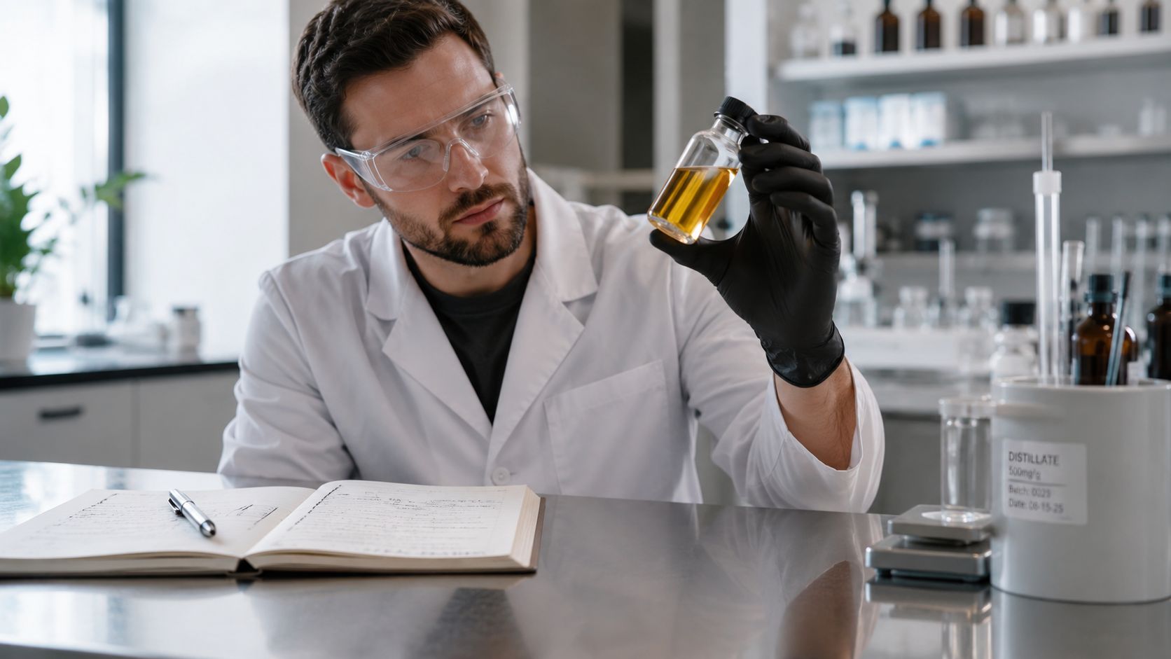 A professional scientist in a lab coat examining a small vial of golden terpene liquid extract.
