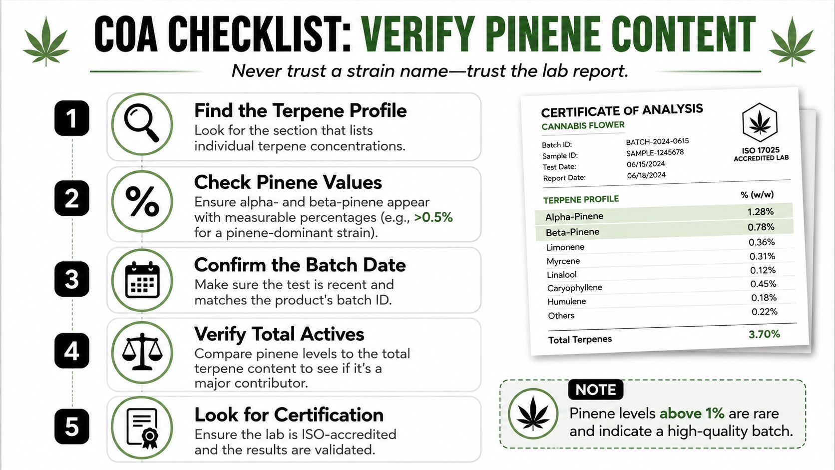 An infographic detailing a five-step checklist for verifying pinene terpene levels on a cannabis certificate of analysis.