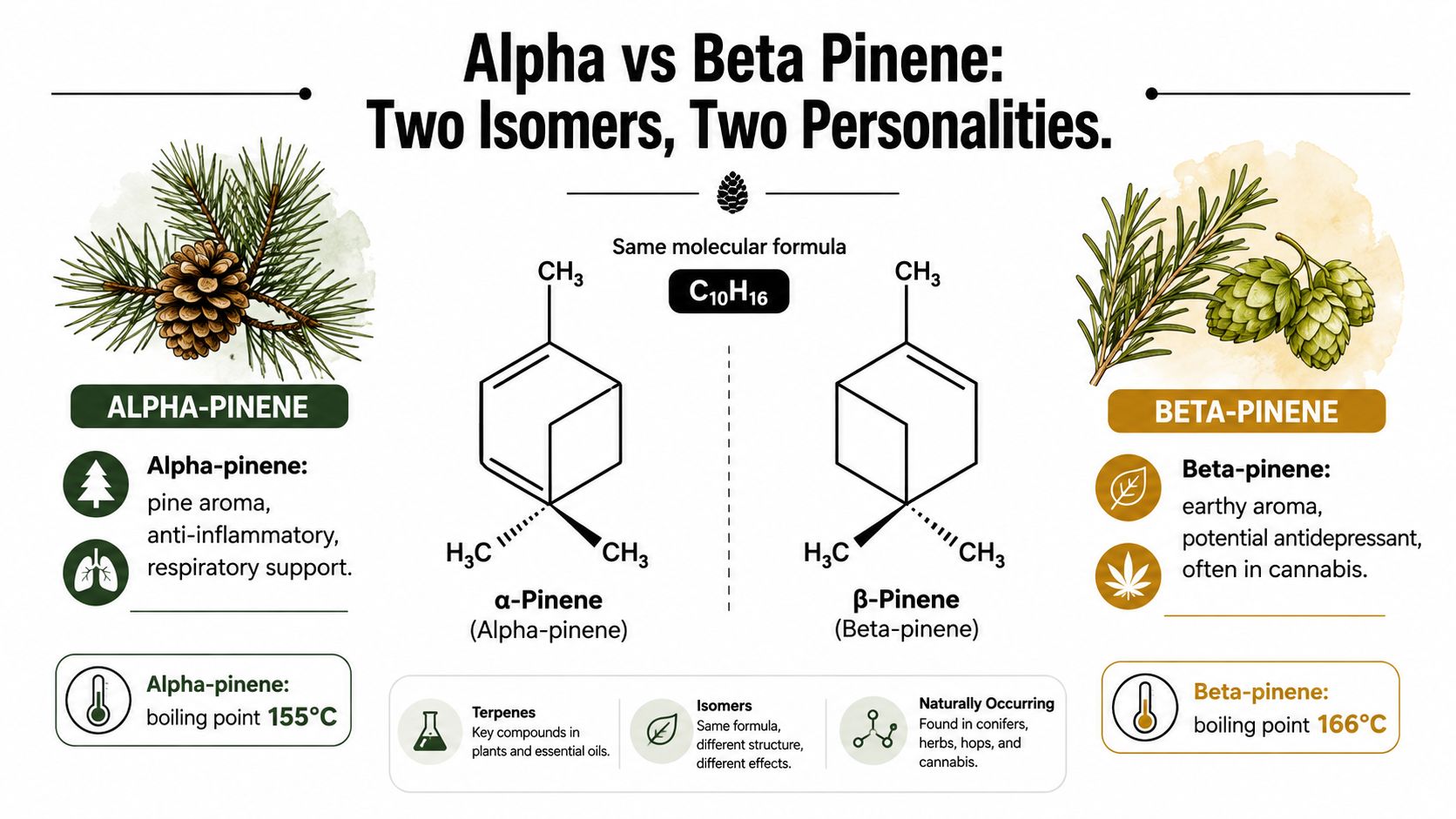 An infographic illustrating the differences and similarities between Alpha-Pinene and Beta-Pinene terpenes with chemical structures.