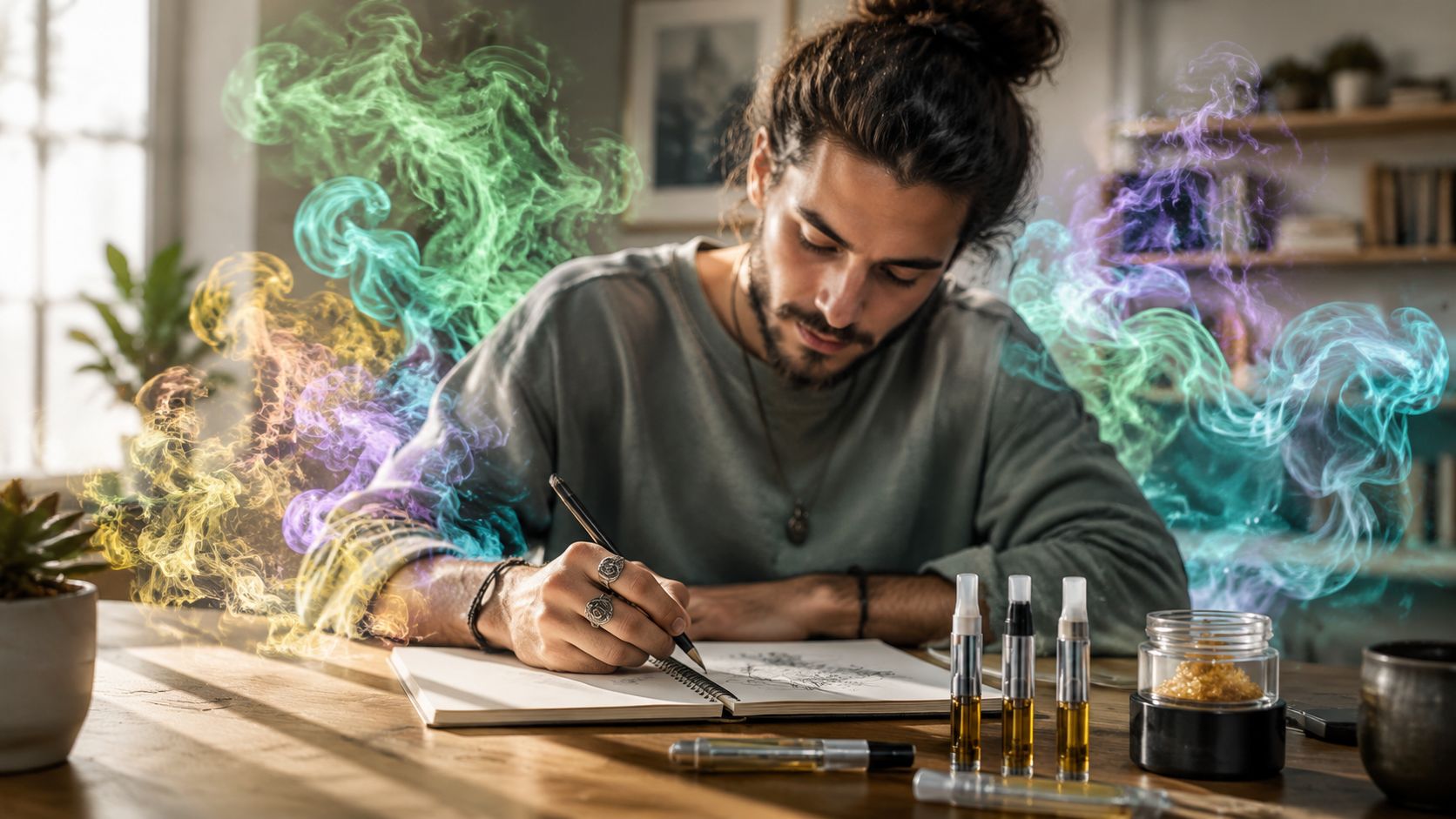 A creative man with long hair sits at a desk drawing in a notebook surrounded by colorful smoke.