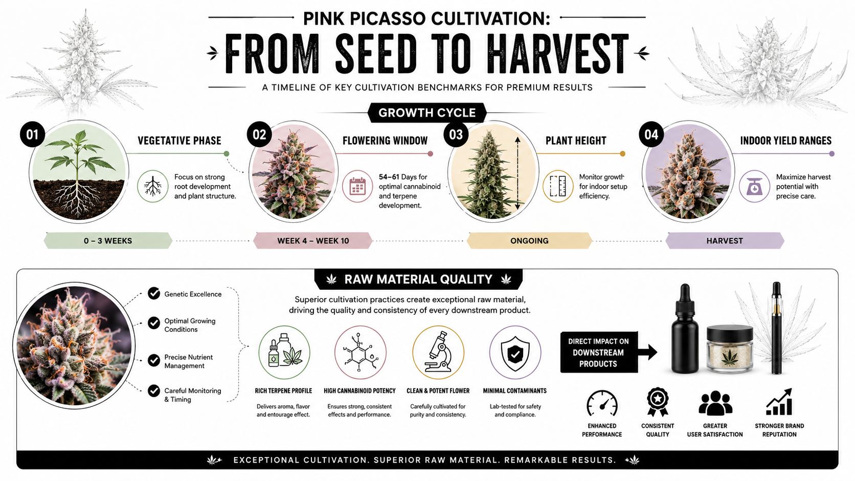 A detailed infographic timeline outlining the Pink Picasso strain cultivation process from seed to harvest.