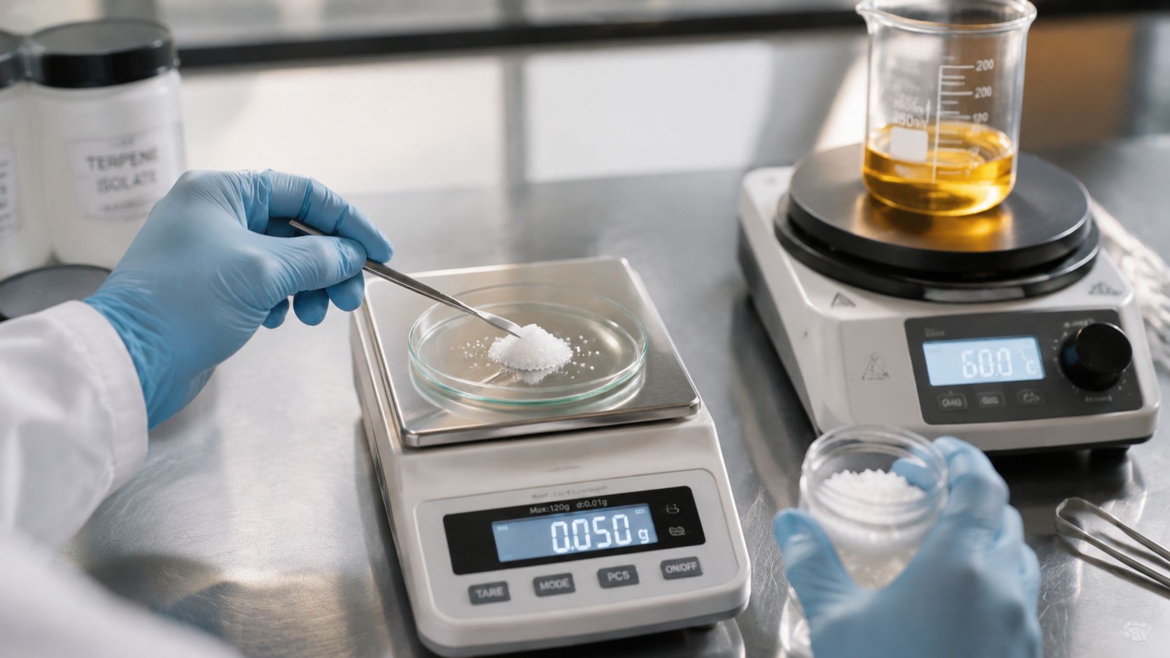 A scientist in blue gloves precisely measures a small amount of white powder on a digital scale.
