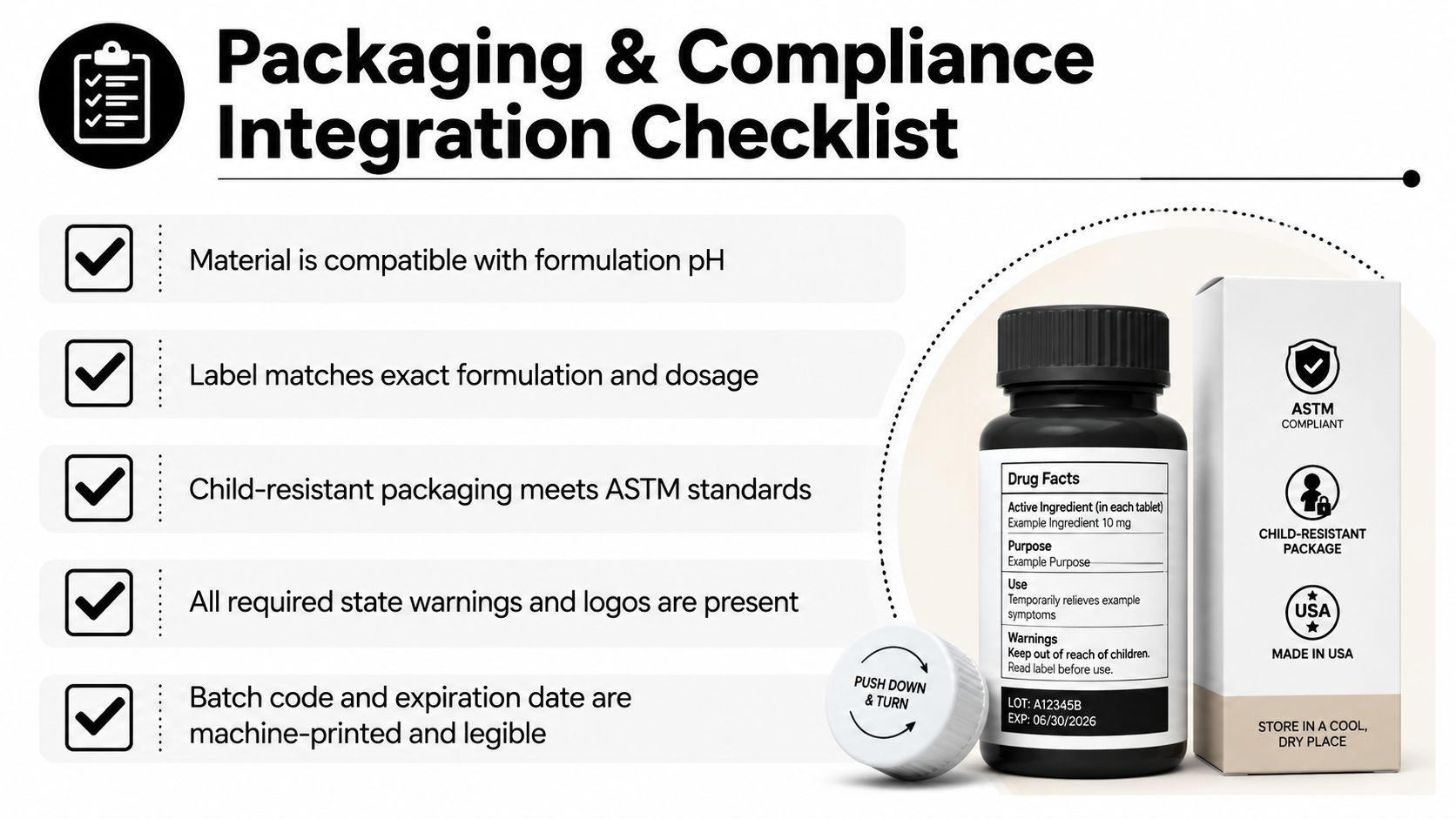 A checklist infographic outlining product packaging and compliance standards with a pill bottle and box mockup.