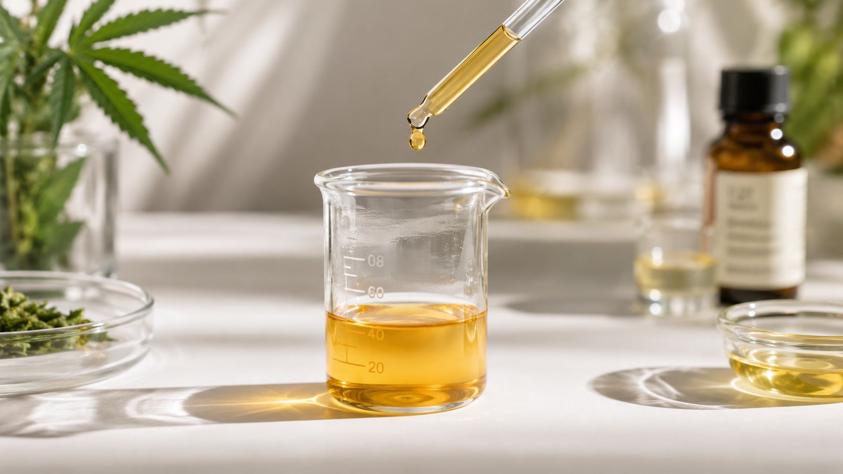 A glass beaker filled with yellow cannabis oil beside a pipette and raw hemp leaves on a table.