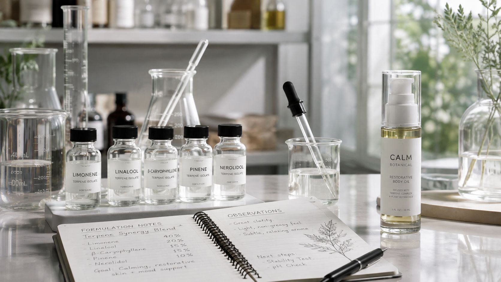 A laboratory setting with terpene isolates, formulation notes, and a bottle of Calm botanical body oil.