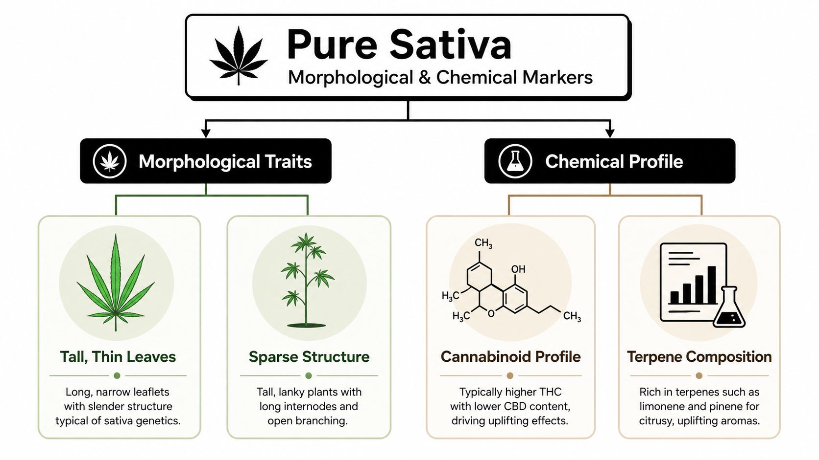 A diagram outlining the morphological traits and chemical profile characteristics of the pure sativa cannabis strain.