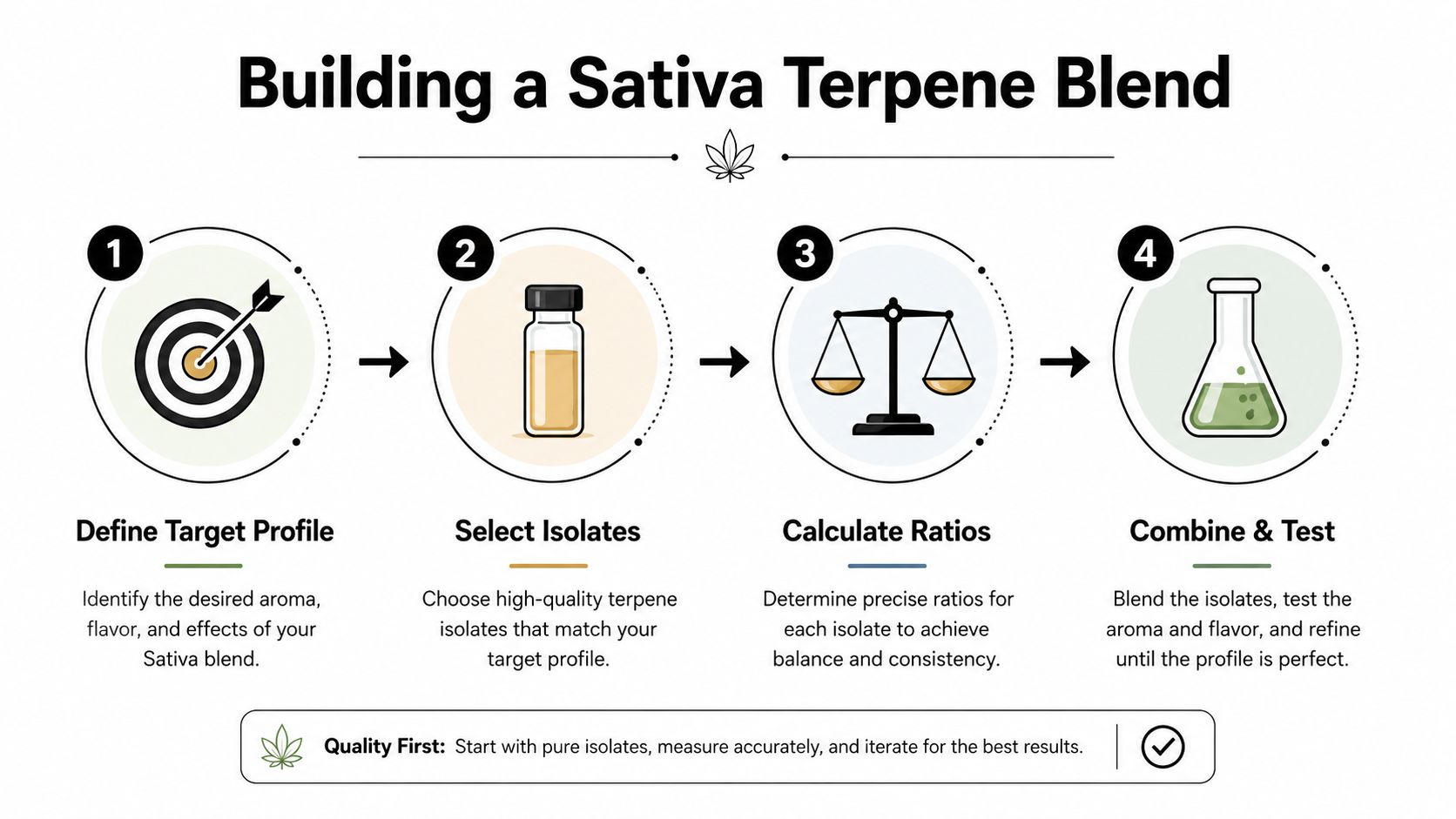 A four-step infographic illustrating the professional process for creating a custom Sativa terpene blend.
