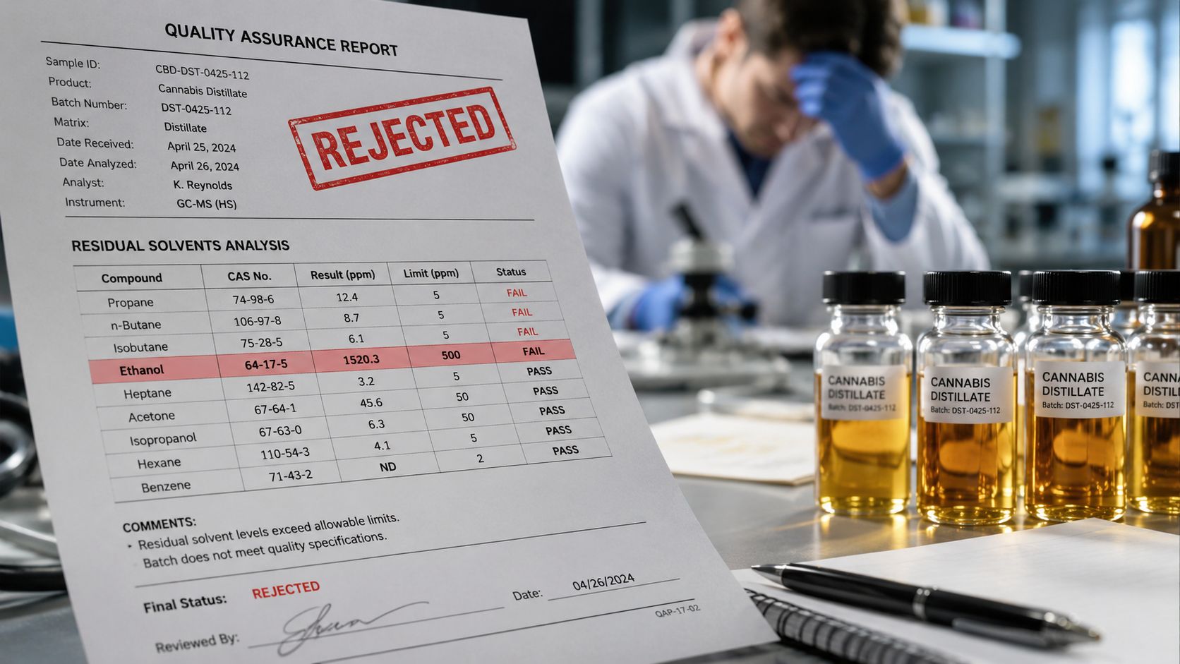A quality assurance report showing a rejected cannabis distillate batch in a laboratory setting with a stressed scientist.
