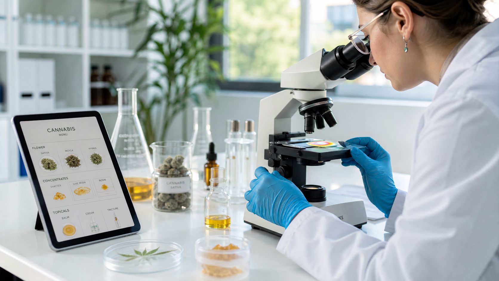 A scientist in a laboratory uses a microscope to analyze cannabis samples and products on a tablet.