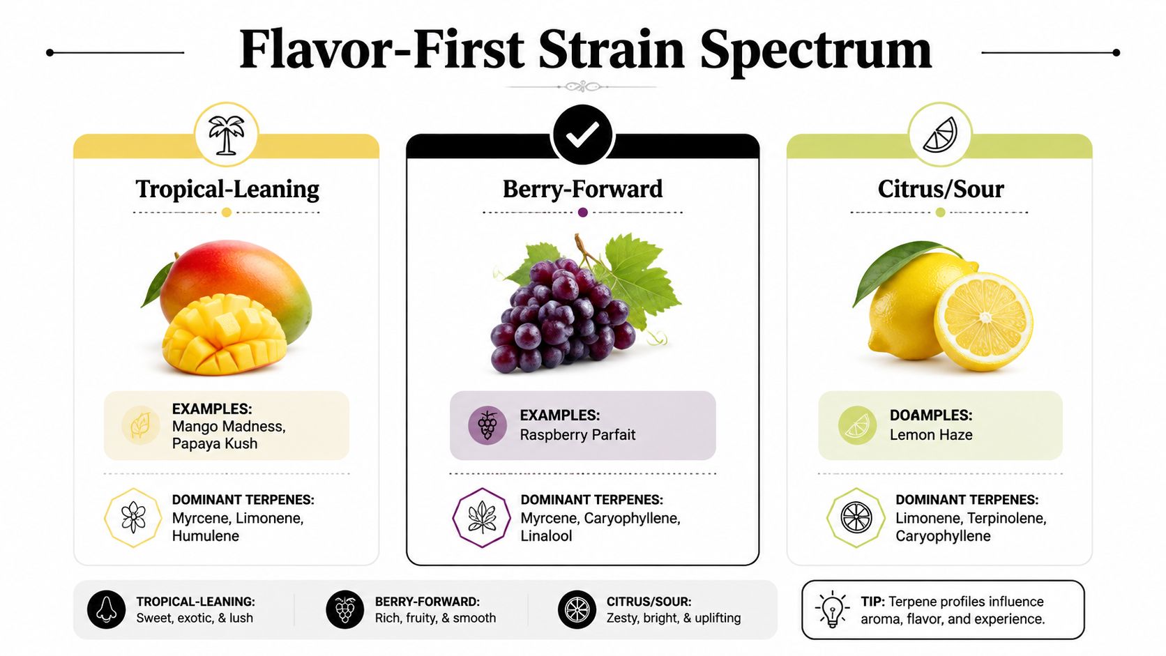 A flavor spectrum infographic categorizing cannabis strains by tropical, berry, and citrus flavor profiles with associated terpenes.