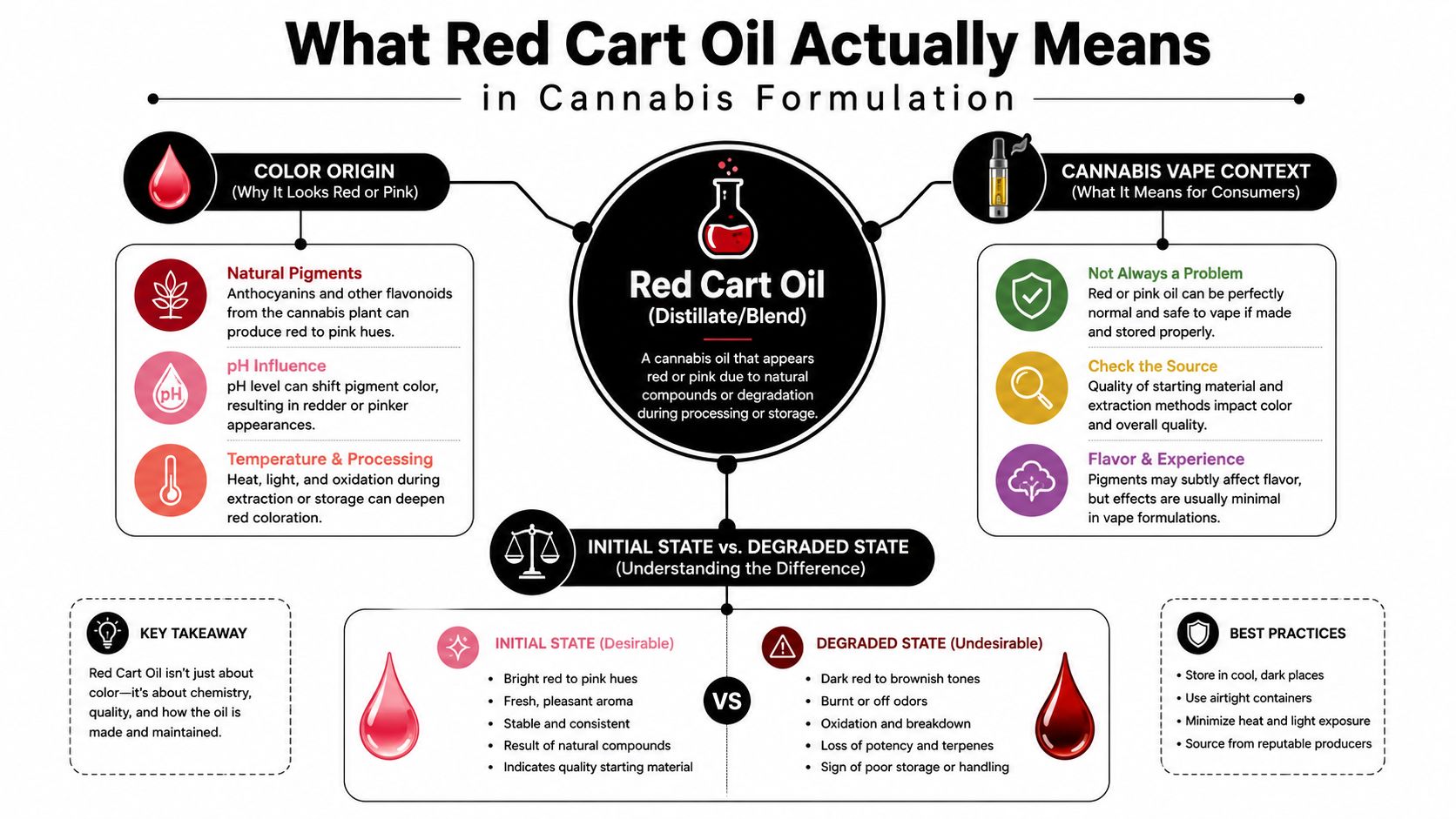 An infographic explaining why cannabis vape oil may appear red or pink due to chemistry and storage.