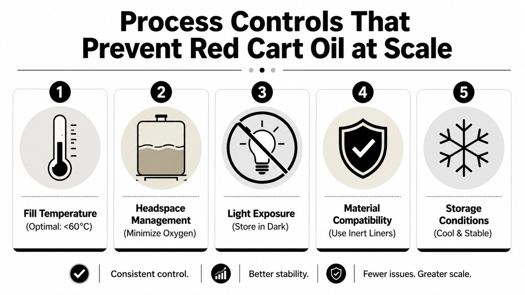 A five-step infographic showing industrial process controls to prevent red cart oil at scale.