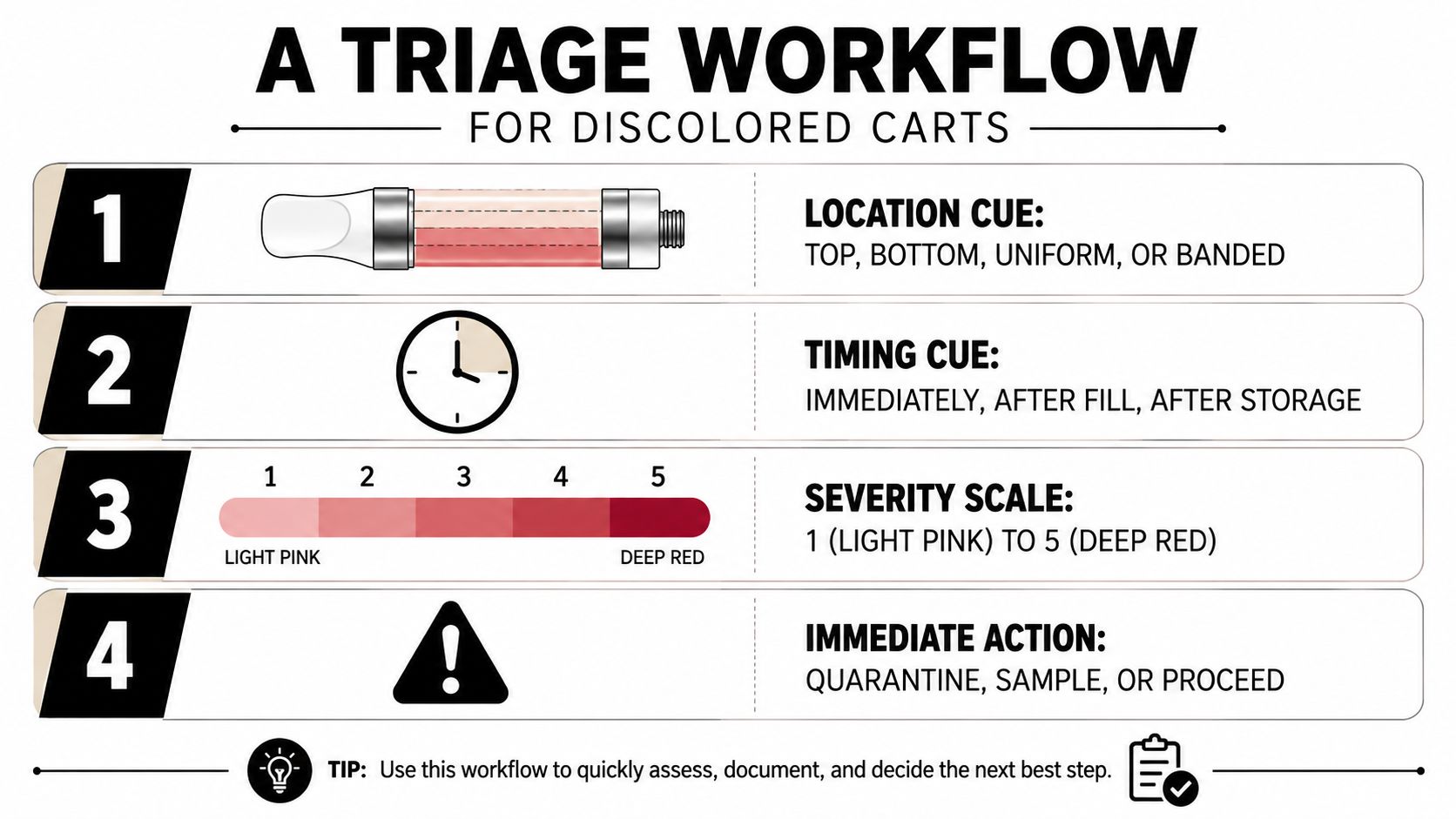 A four-step infographic for evaluating and managing discolored oil in vape cartridges for quality control.