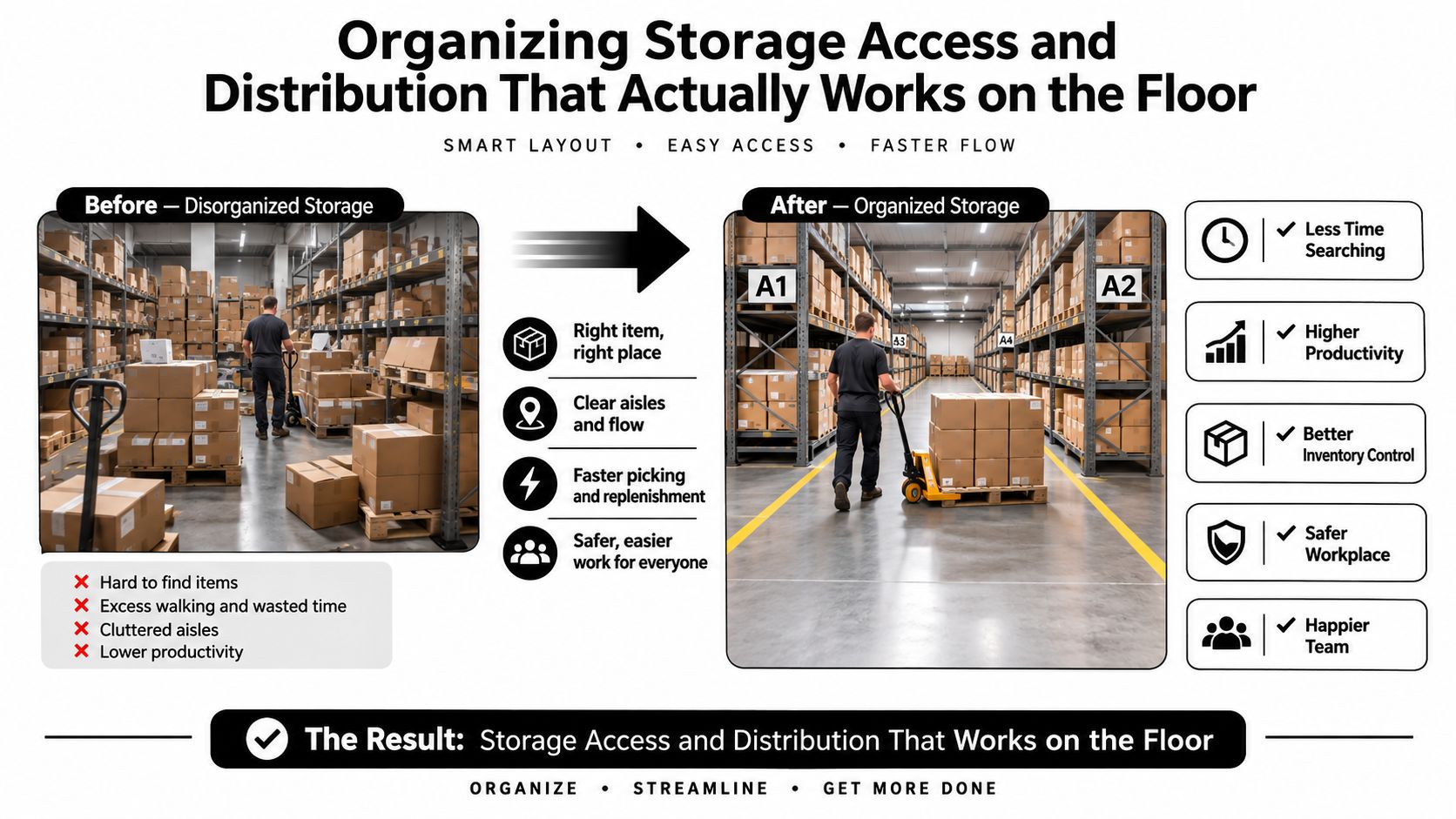 A comparison showing an unorganized warehouse versus a streamlined, efficient storage facility with improved floor operations.