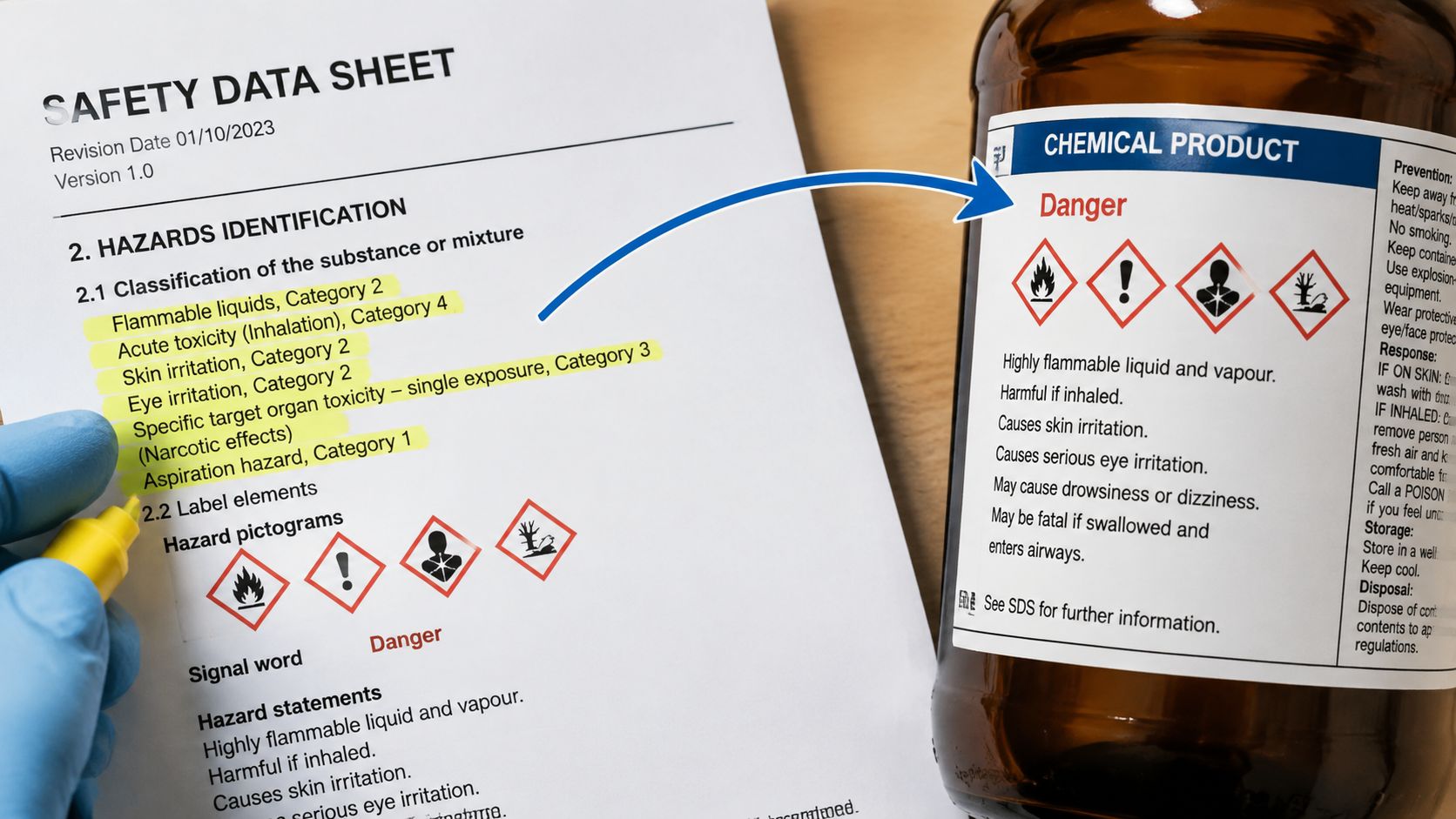 A close-up view of a chemical safety data sheet and a corresponding hazardous substance labeled bottle.