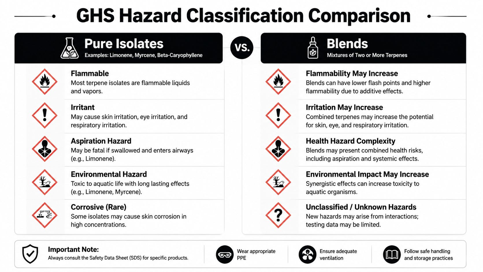 A comparison chart showing GHS hazard classifications for pure terpene isolates versus terpene blends with safety icons.