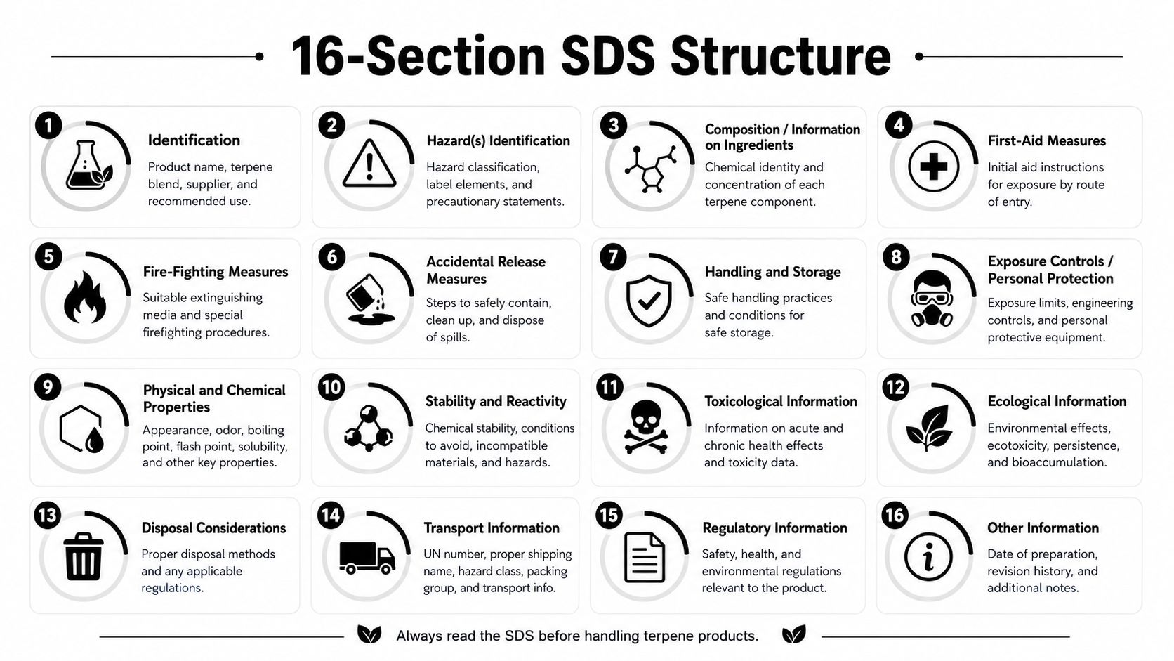 An infographic detailing the standard 16-section structure required for a chemical safety data sheet document.
