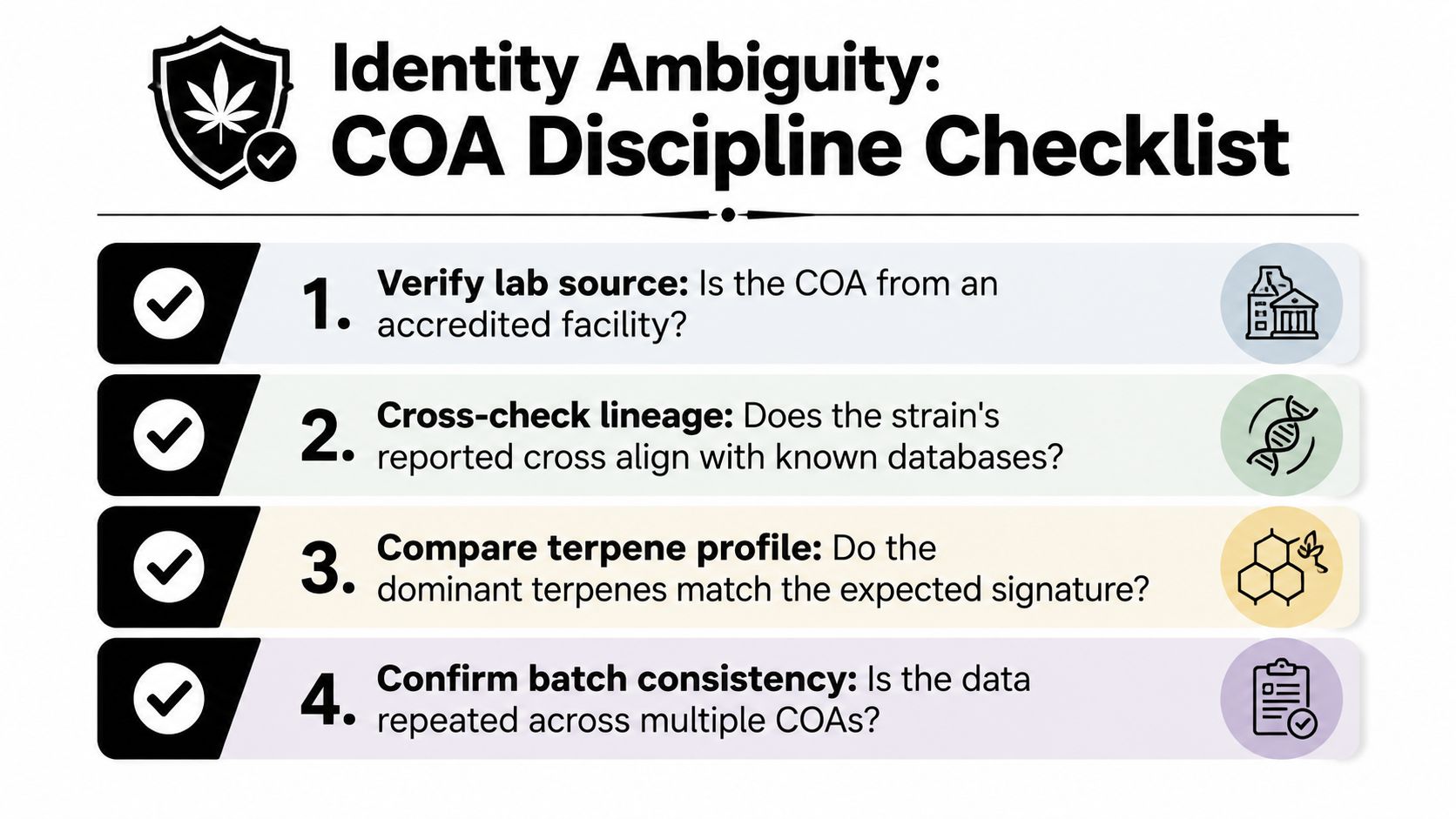 A checklist for cannabis COA discipline, detailing four steps to verify lab, lineage, terpene profiles, and batch consistency.