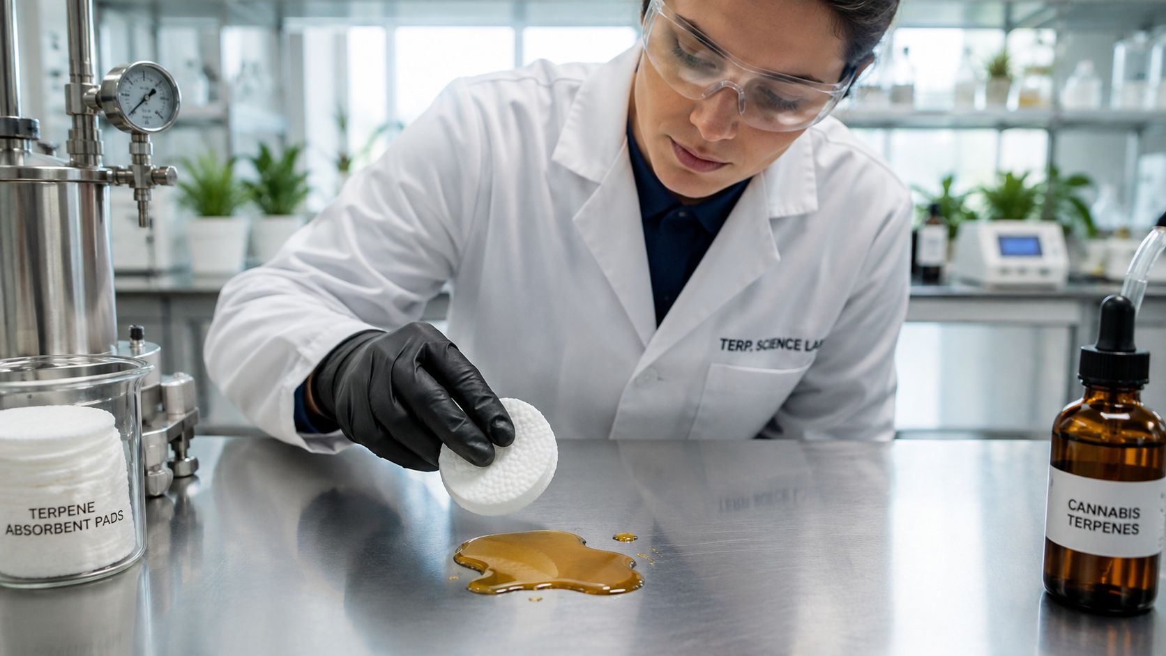 A lab technician in a white coat uses an absorbent pad to clean a terpene spill.