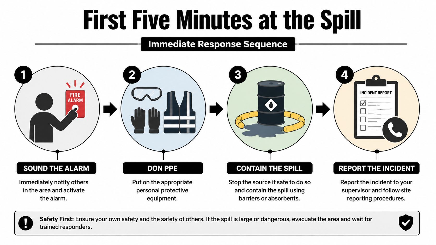 An infographic showing the four-step immediate response sequence to follow during a chemical spill at a workplace.