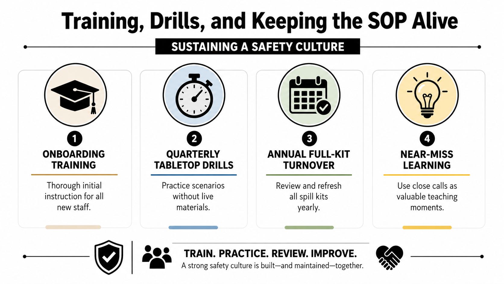 An infographic titled Training, Drills, and Keeping the SOP Alive displaying four key steps for maintaining safety culture.