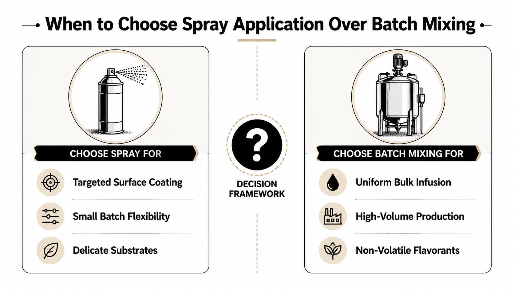 A decision framework comparing the industrial benefits of spray application versus traditional batch mixing processes.