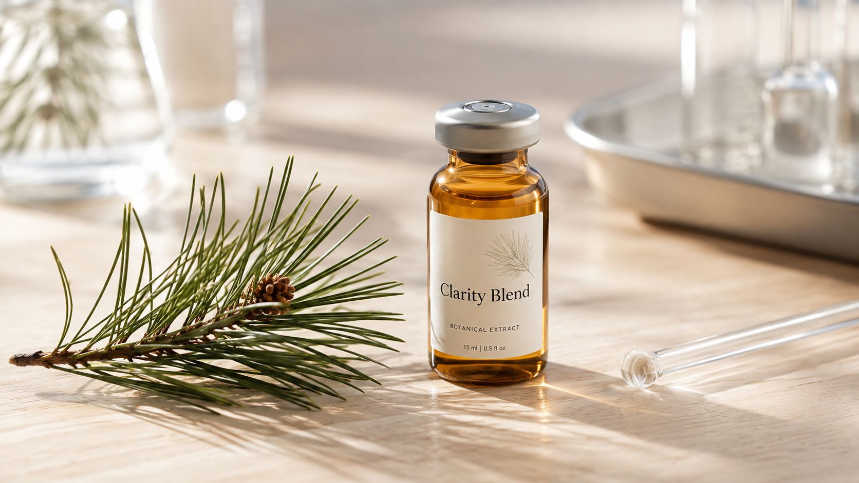 A small amber glass bottle labeled Clarity Blend Botanical Extract sits on a wooden table near pine branches.
